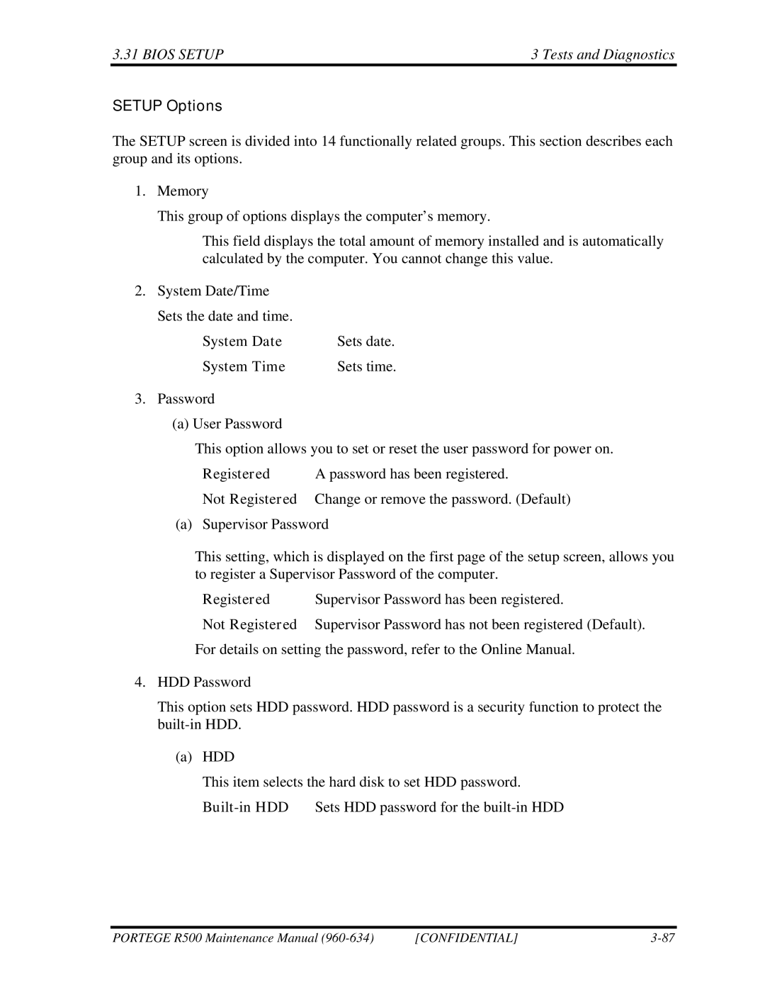 Toshiba r500 manual Setup Options, System Date Sets date System Time Sets time 