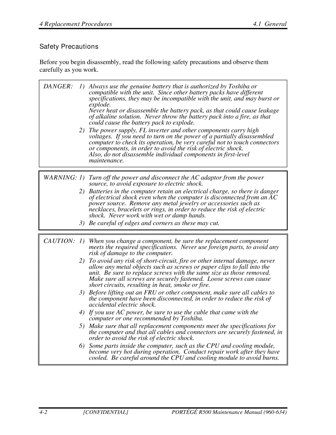 Toshiba r500 manual Safety Precautions 