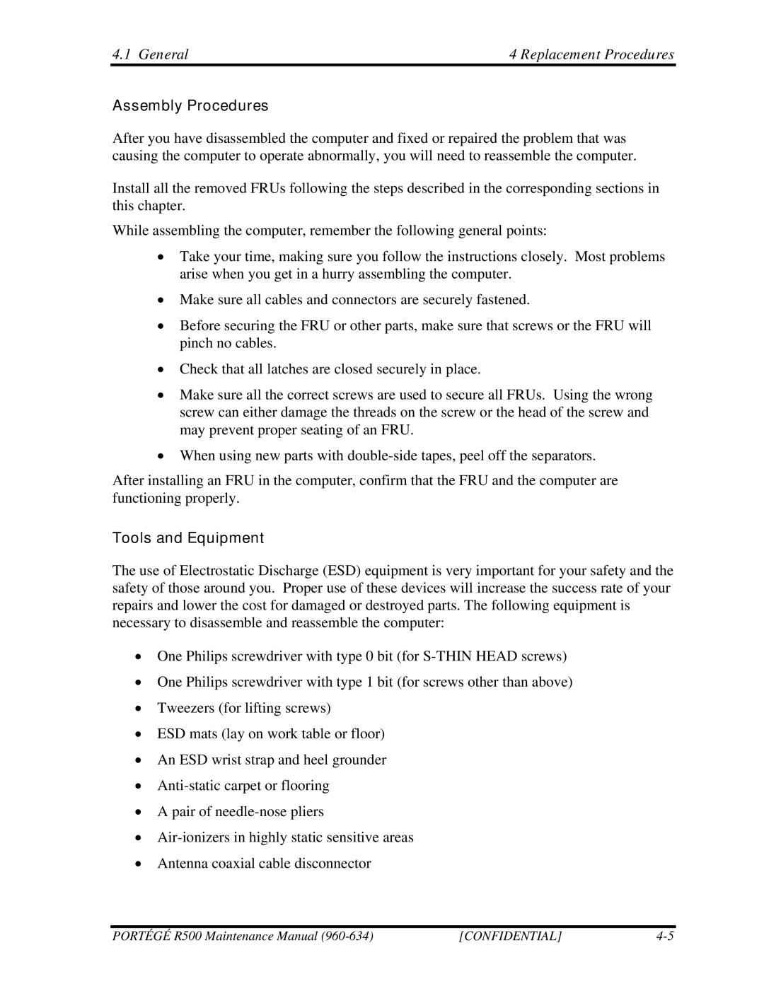 Toshiba r500 manual Assembly Procedures, Tools and Equipment 