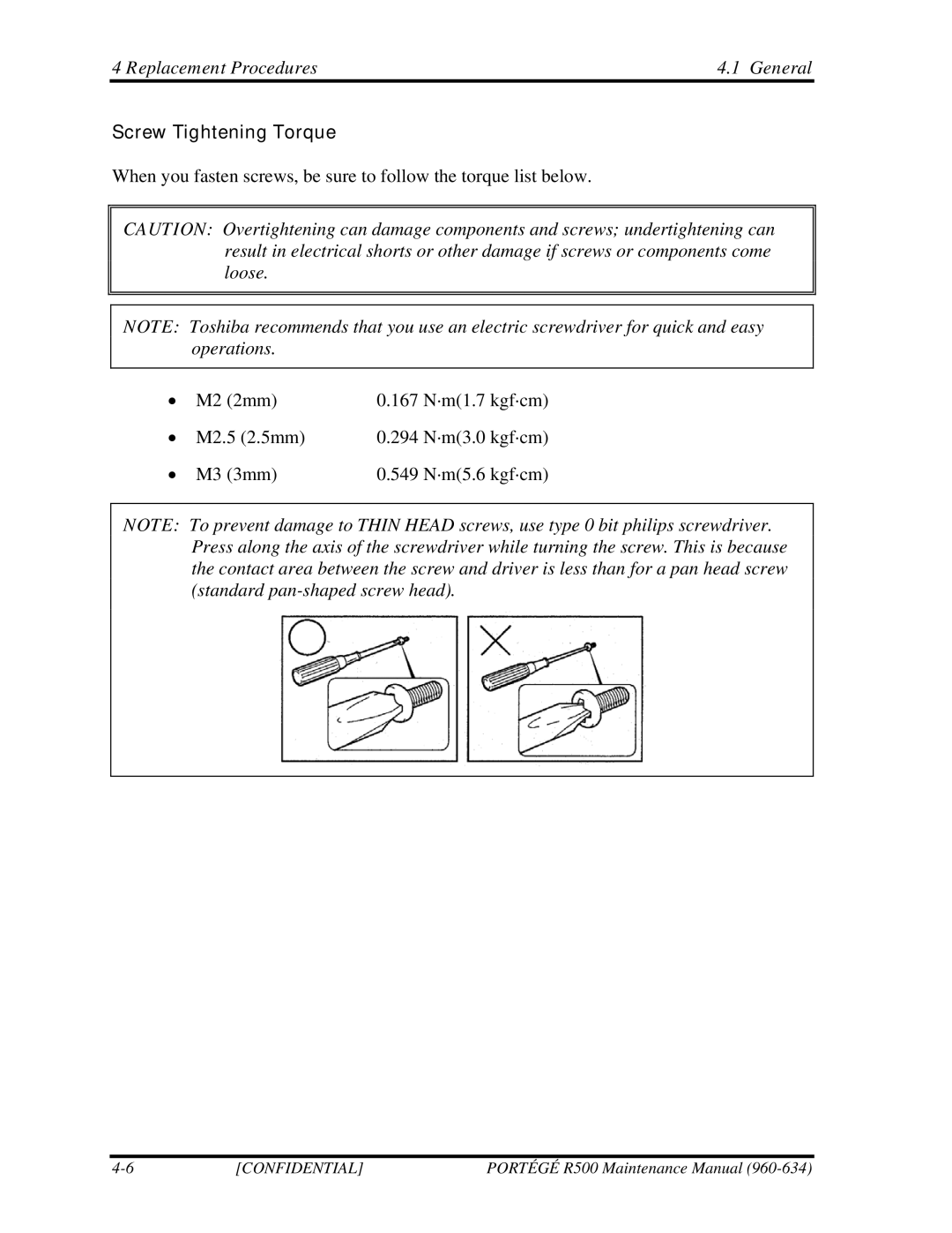 Toshiba r500 manual Screw Tightening Torque 