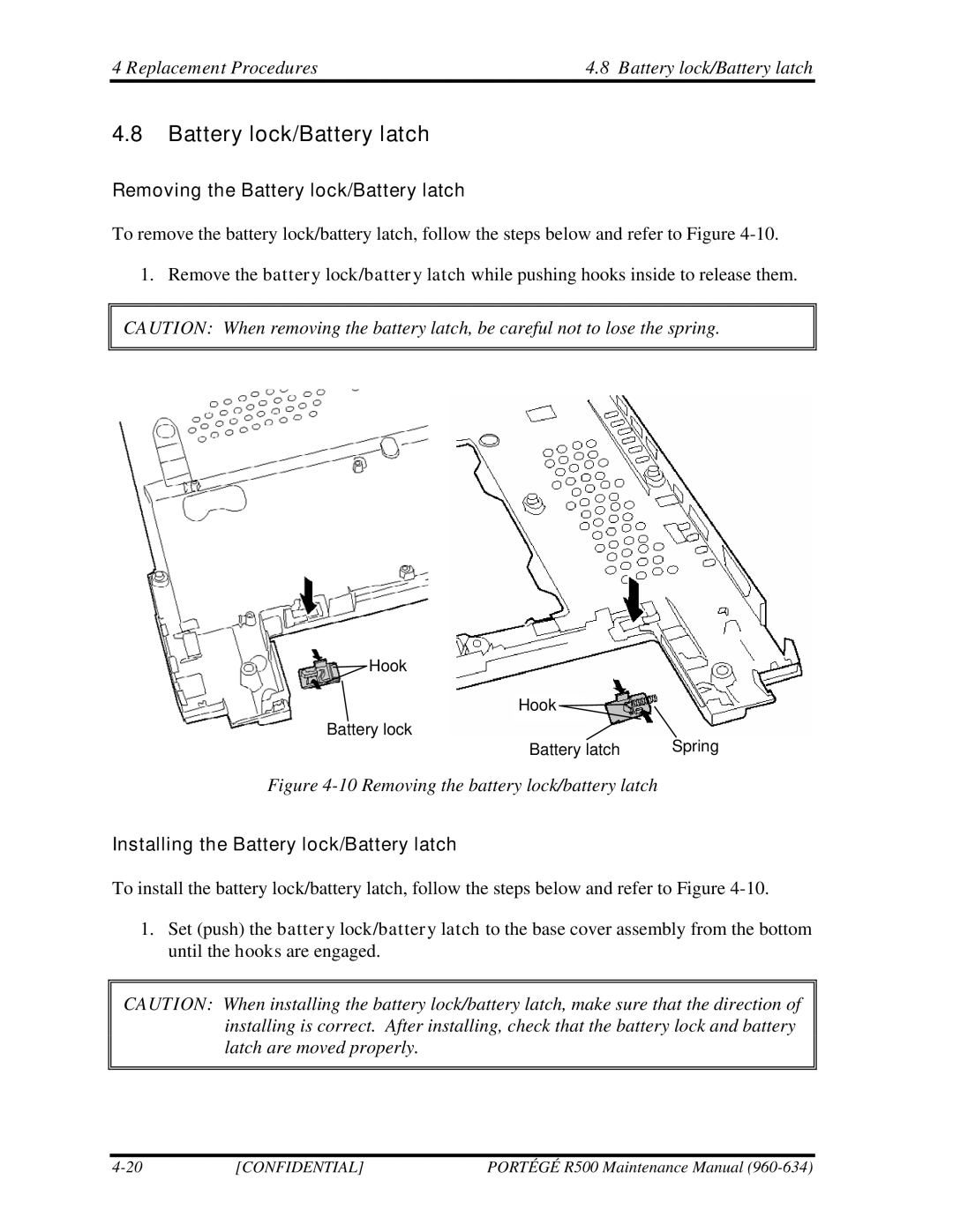 Toshiba r500 manual Removing the Battery lock/Battery latch, Installing the Battery lock/Battery latch 