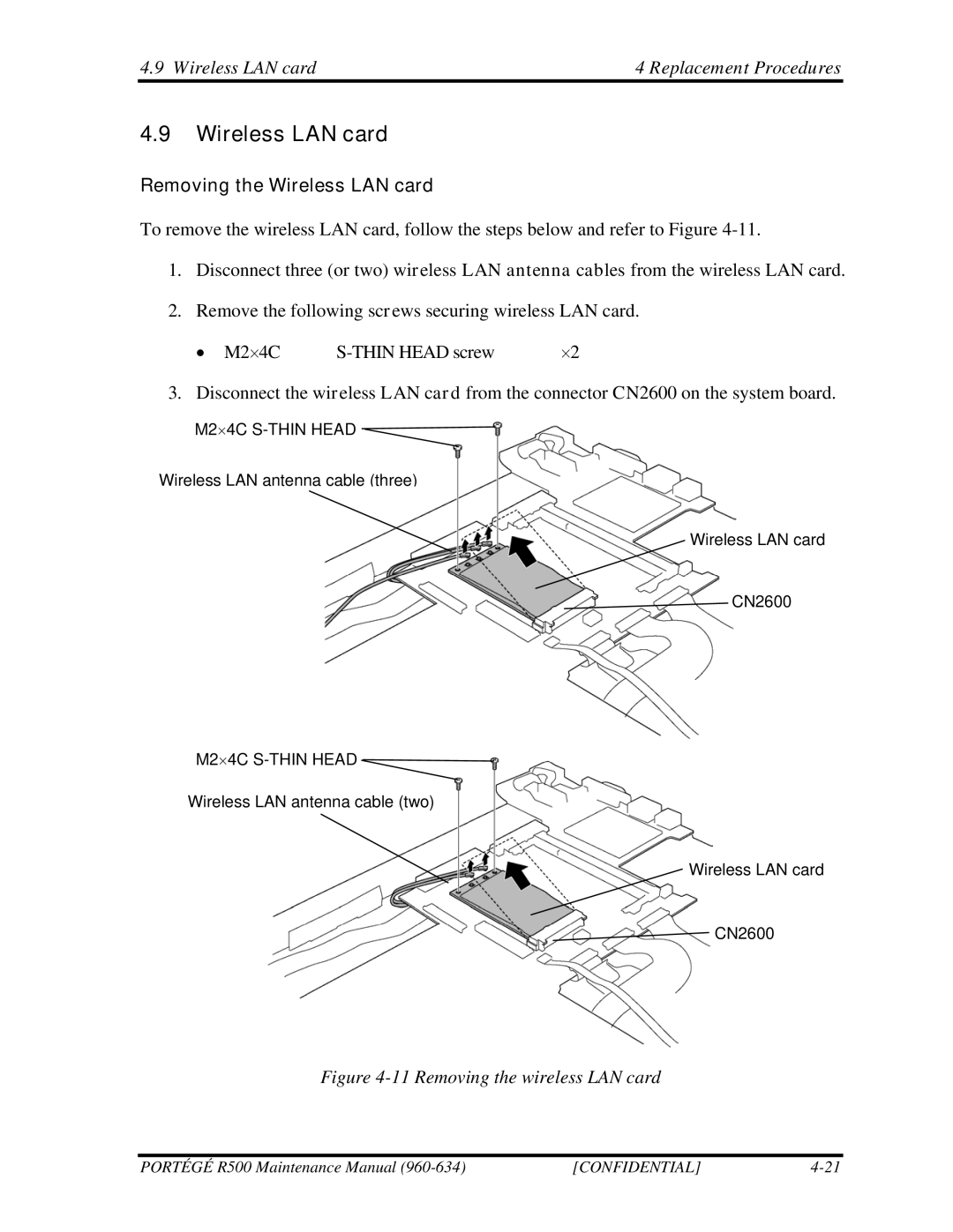 Toshiba r500 manual Removing the Wireless LAN card 