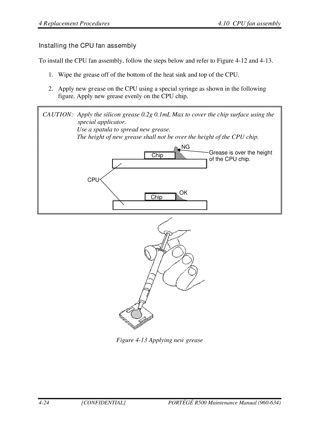 Toshiba r500 manual Installing the CPU fan assembly, Applying new grease 
