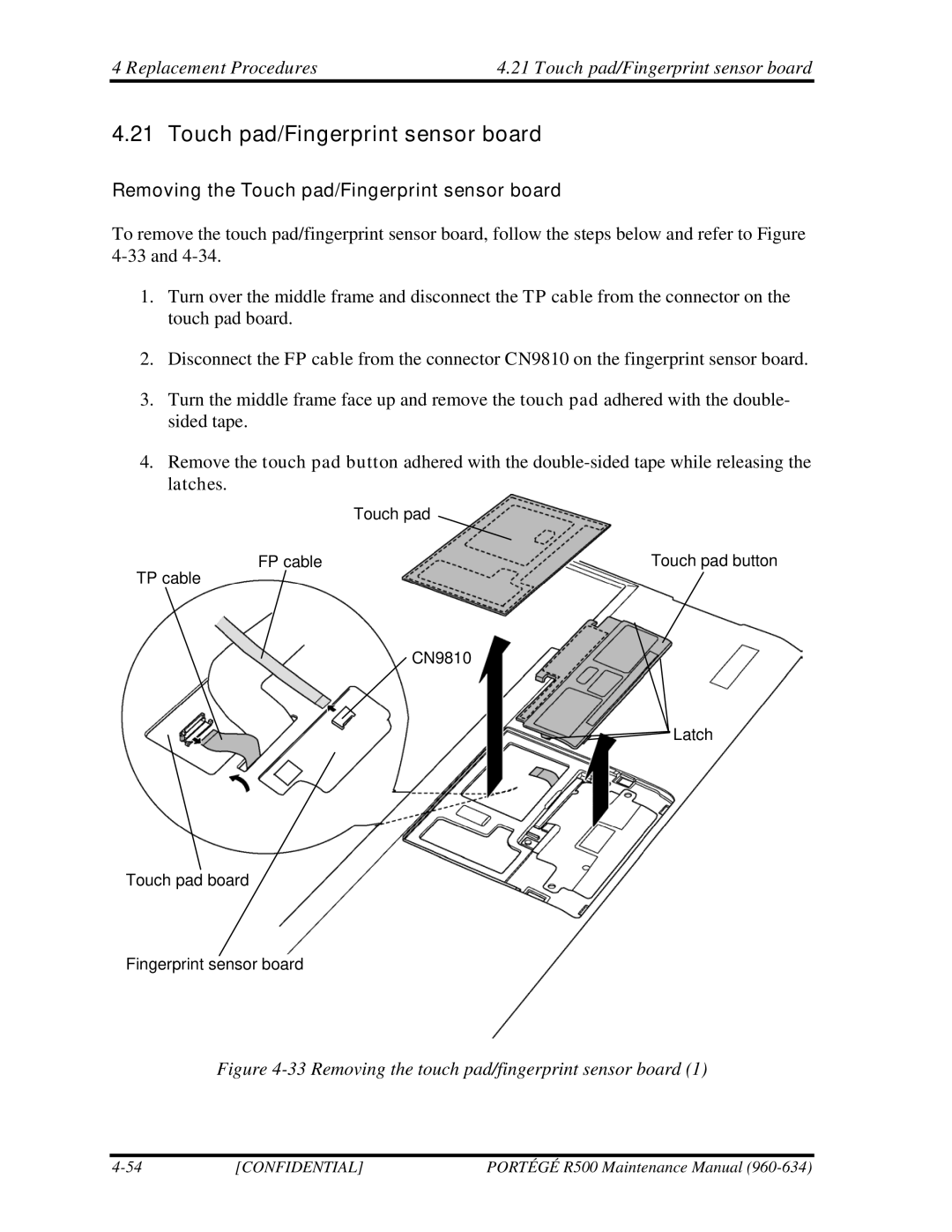 Toshiba r500 manual Removing the Touch pad/Fingerprint sensor board 