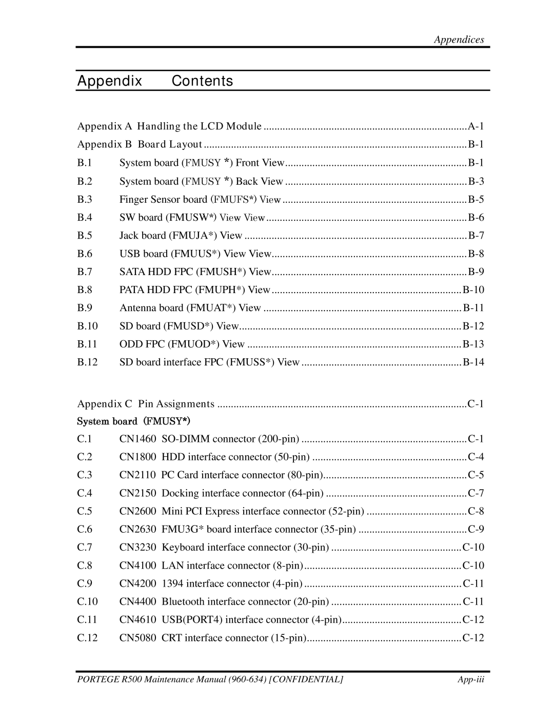 Toshiba r500 manual Appendix Contents 