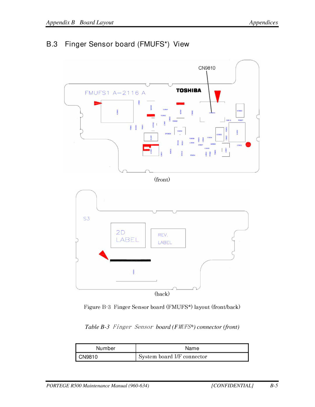 Toshiba r500 manual Finger Sensor board FMUFS* View, Table B-3 Finger Sensor board FMUFS* connector front 
