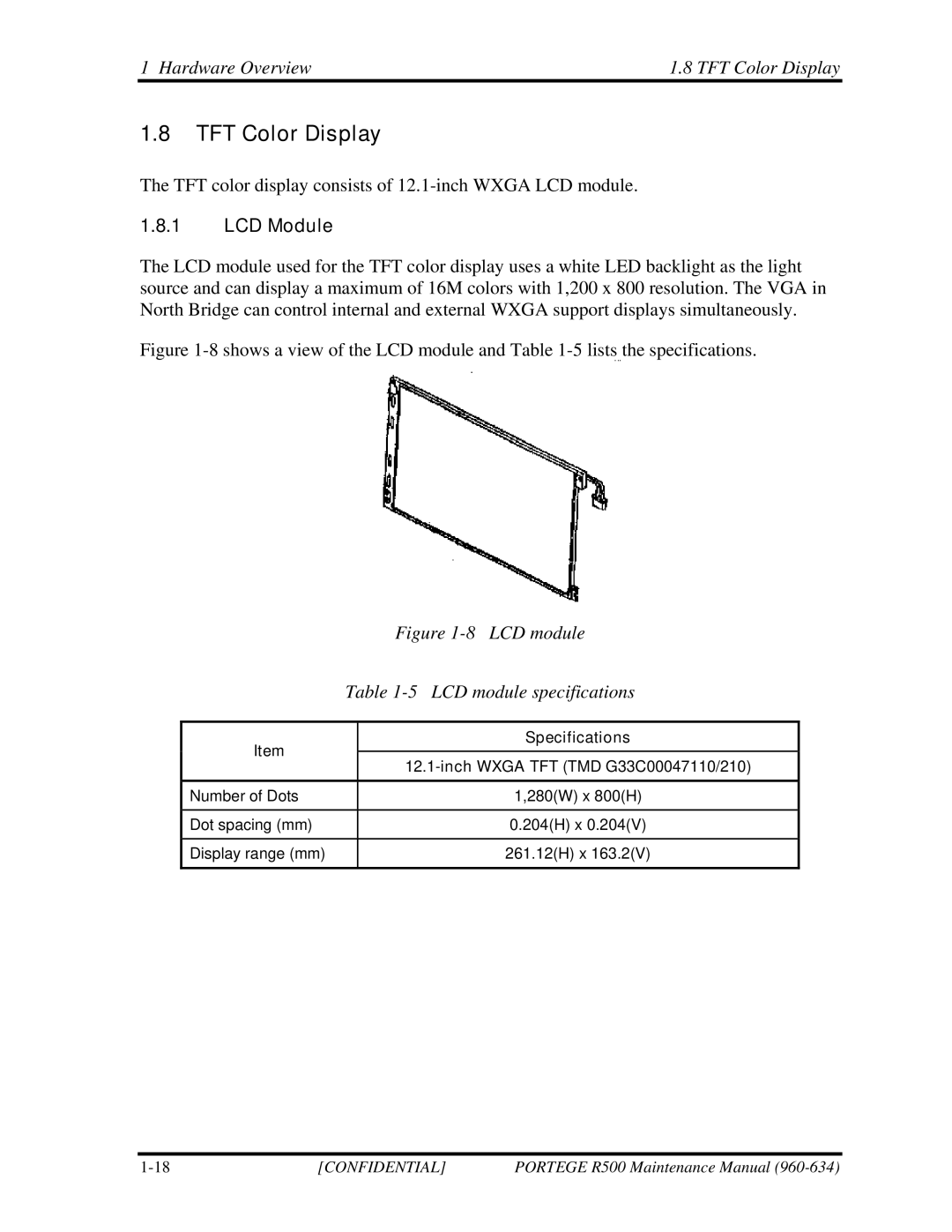 Toshiba r500 manual Hardware Overview TFT Color Display, LCD Module, LCD module specifications 