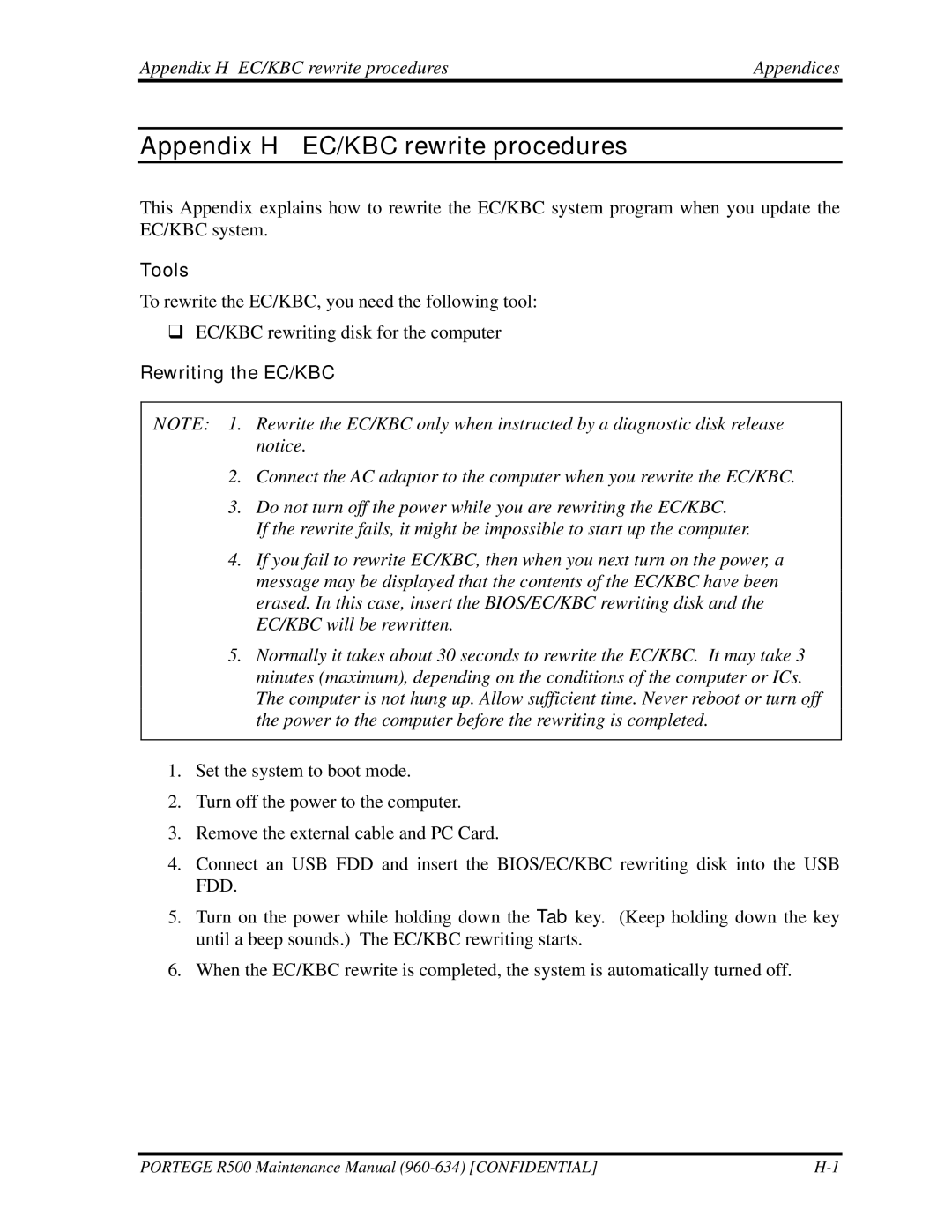 Toshiba r500 manual Appendix H EC/KBC rewrite procedures Appendices, Rewriting the EC/KBC 