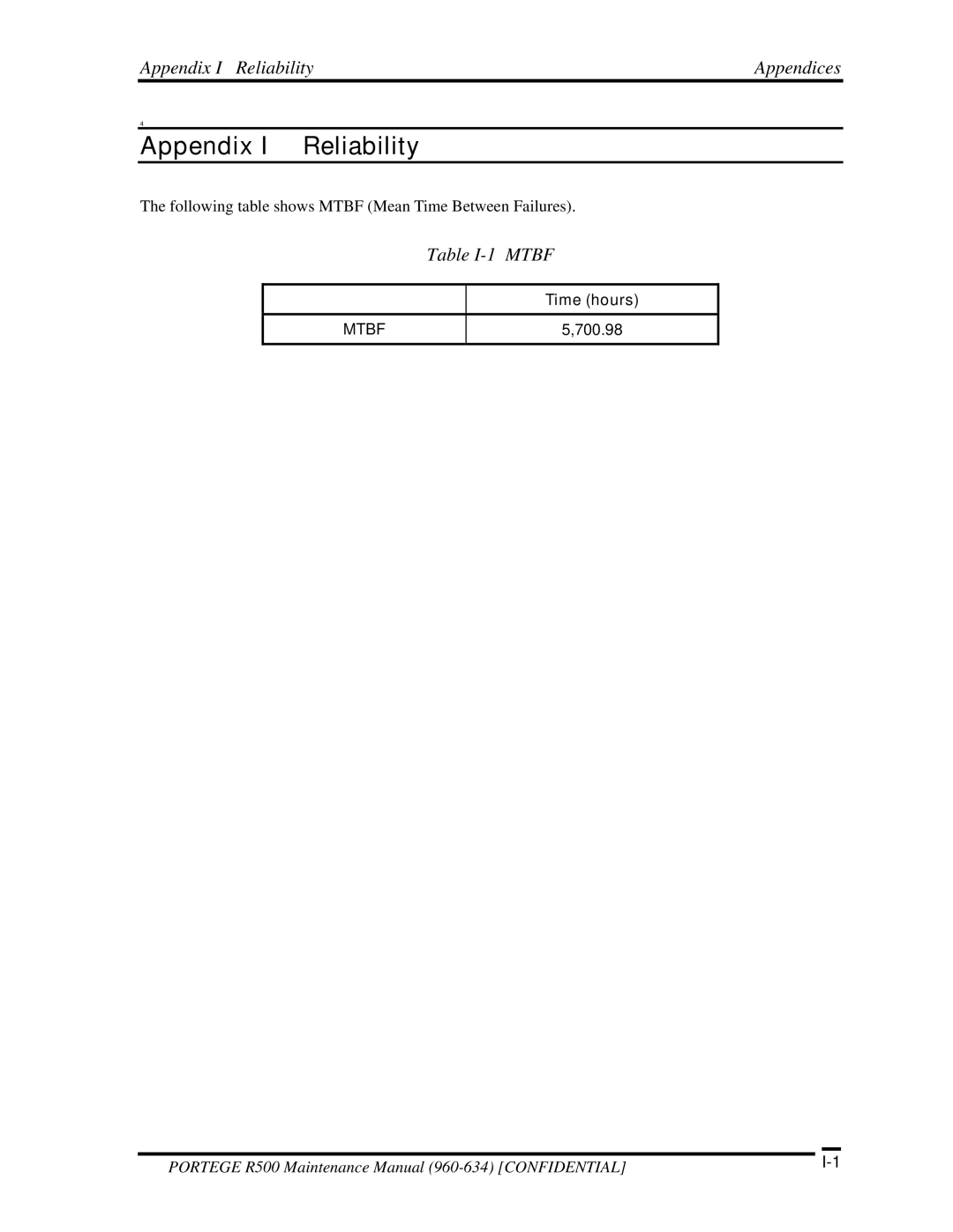 Toshiba r500 manual Appendix I Reliability Appendices, Table I-1 Mtbf 