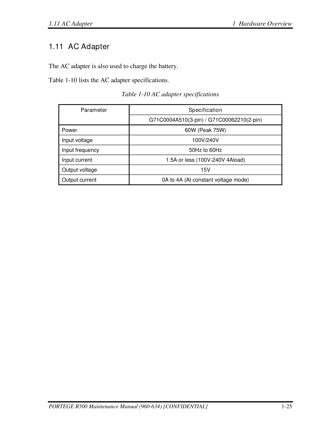 Toshiba r500 manual AC Adapter Hardware Overview, AC adapter specifications 