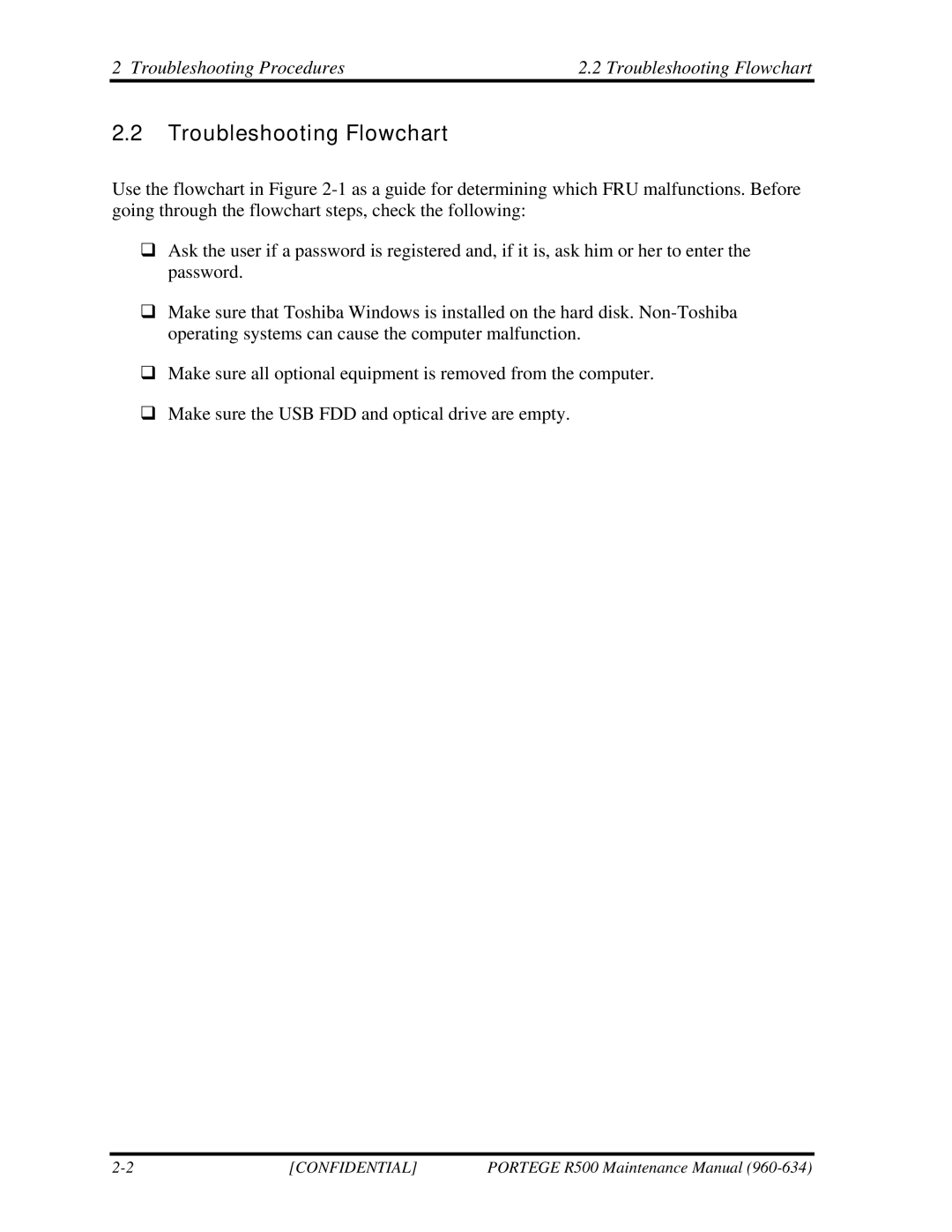 Toshiba r500 manual Troubleshooting Procedures Troubleshooting Flowchart 