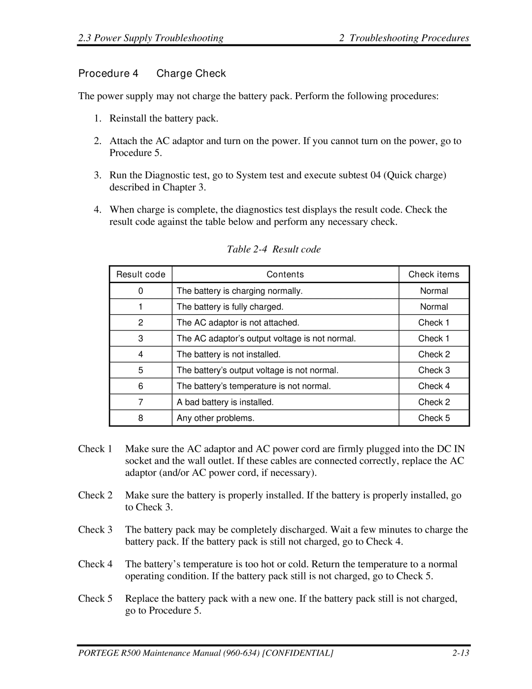 Toshiba r500 manual Procedure 4 Charge Check, Result code 