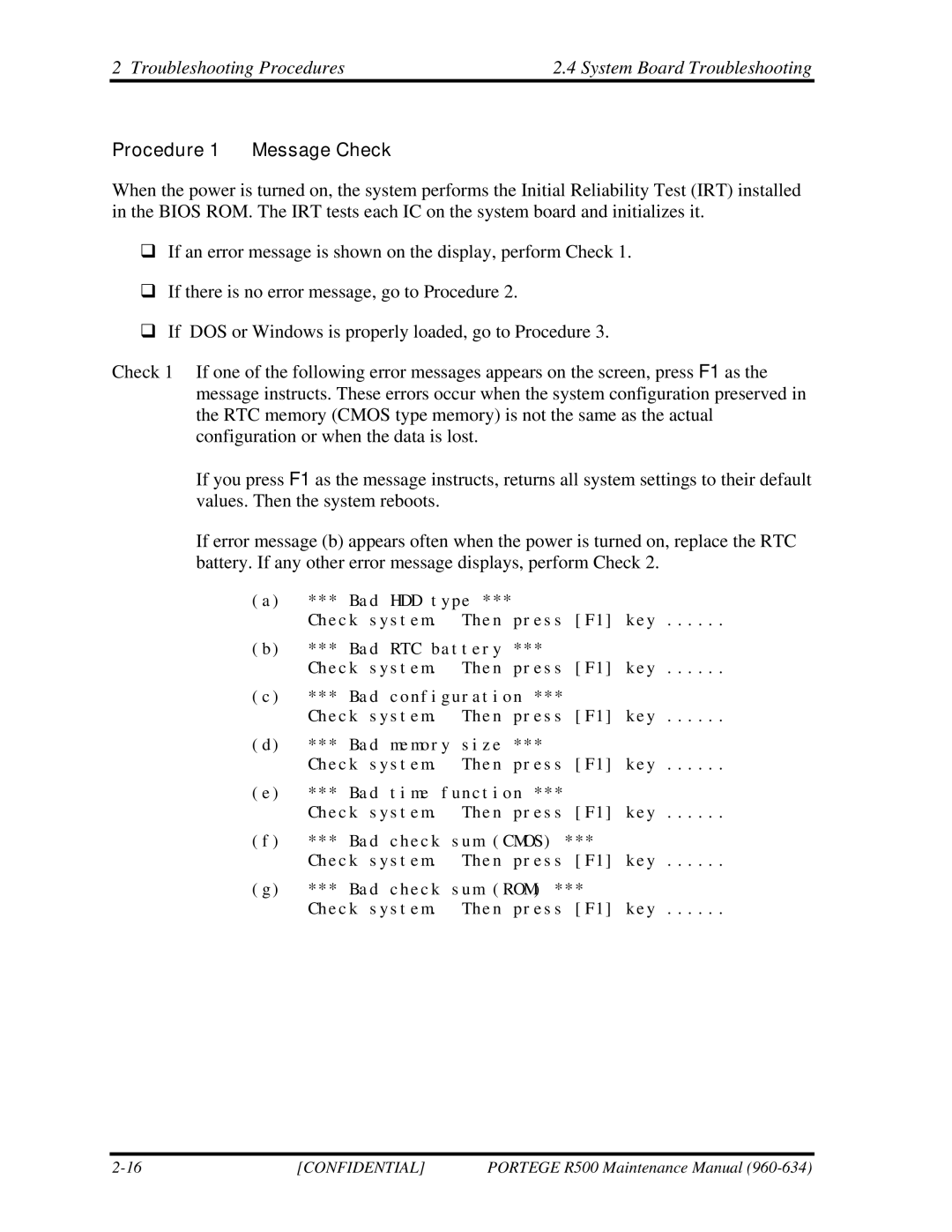 Toshiba r500 manual Troubleshooting Procedures System Board Troubleshooting, Procedure 1 Message Check 