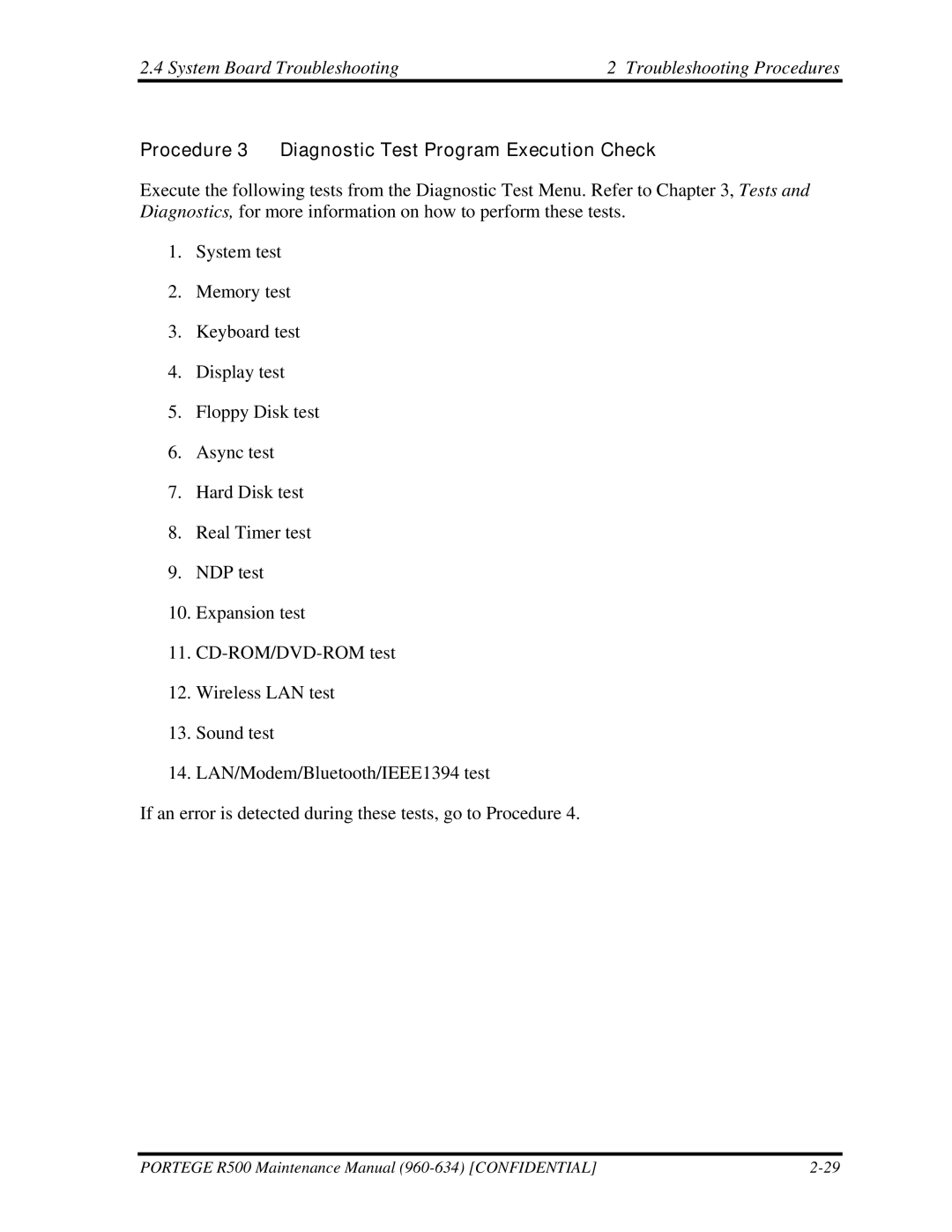 Toshiba r500 System Board Troubleshooting Troubleshooting Procedures, Procedure 3 Diagnostic Test Program Execution Check 