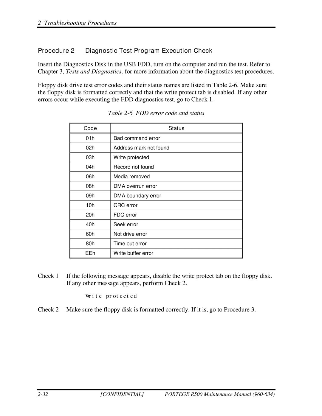 Toshiba r500 manual Procedure 2 Diagnostic Test Program Execution Check, FDD error code and status 