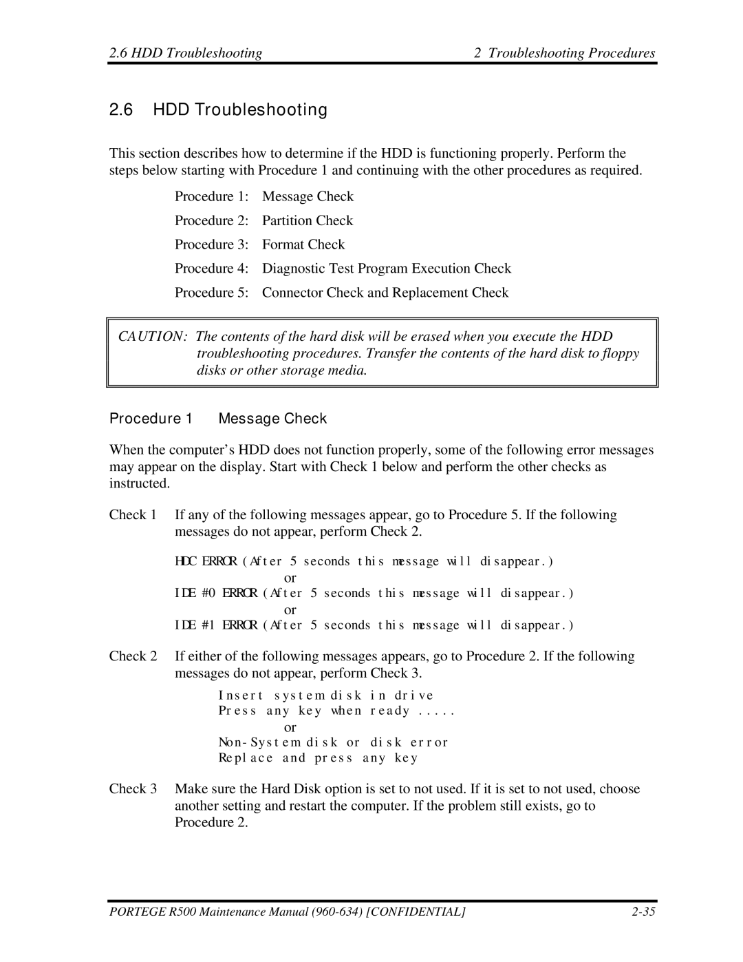 Toshiba r500 manual HDD Troubleshooting Troubleshooting Procedures 