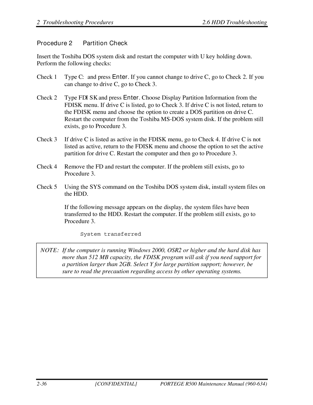 Toshiba r500 manual Troubleshooting Procedures HDD Troubleshooting, Procedure 2 Partition Check 