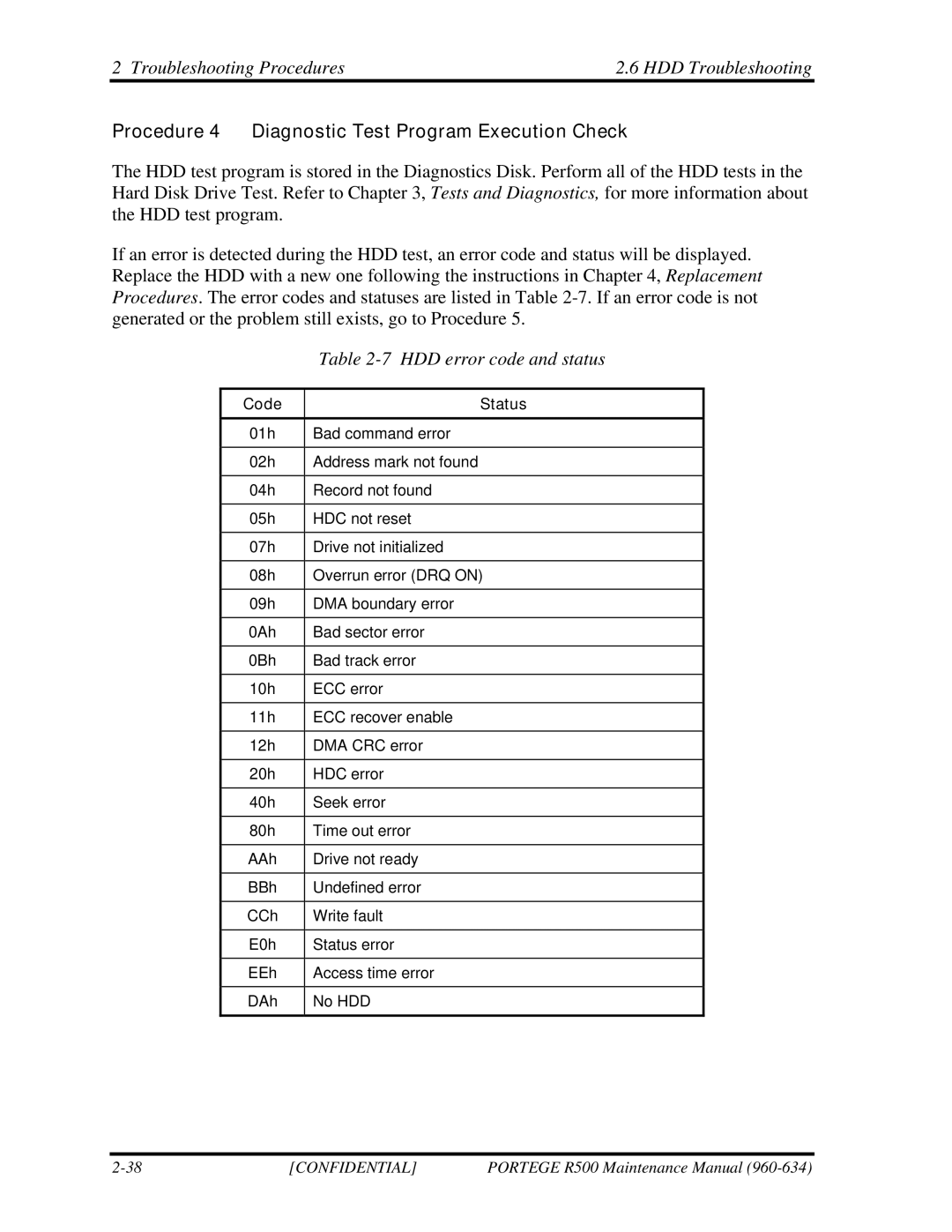 Toshiba r500 manual Procedure 4 Diagnostic Test Program Execution Check, HDD error code and status 