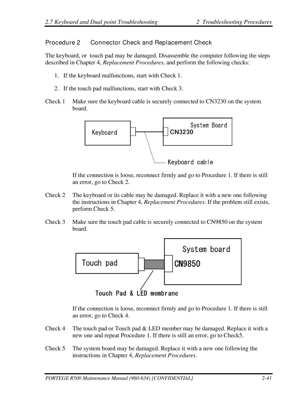 Toshiba r500 manual Procedure 2 Connector Check and Replacement Check 