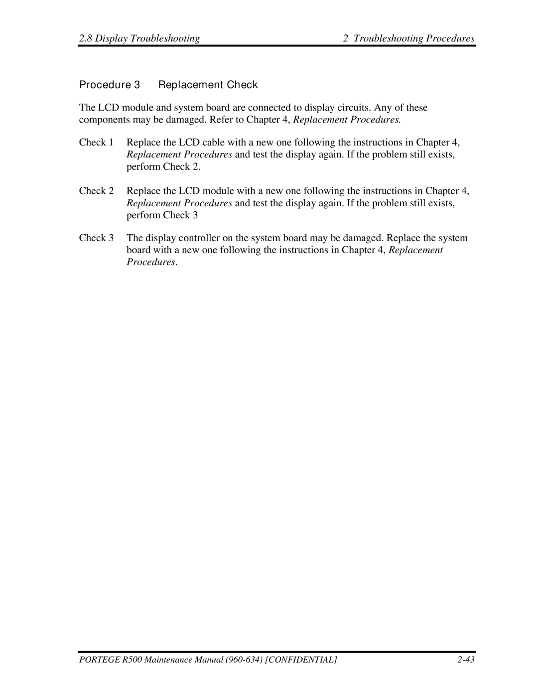 Toshiba r500 manual Display Troubleshooting Troubleshooting Procedures, Procedure 3 Replacement Check 