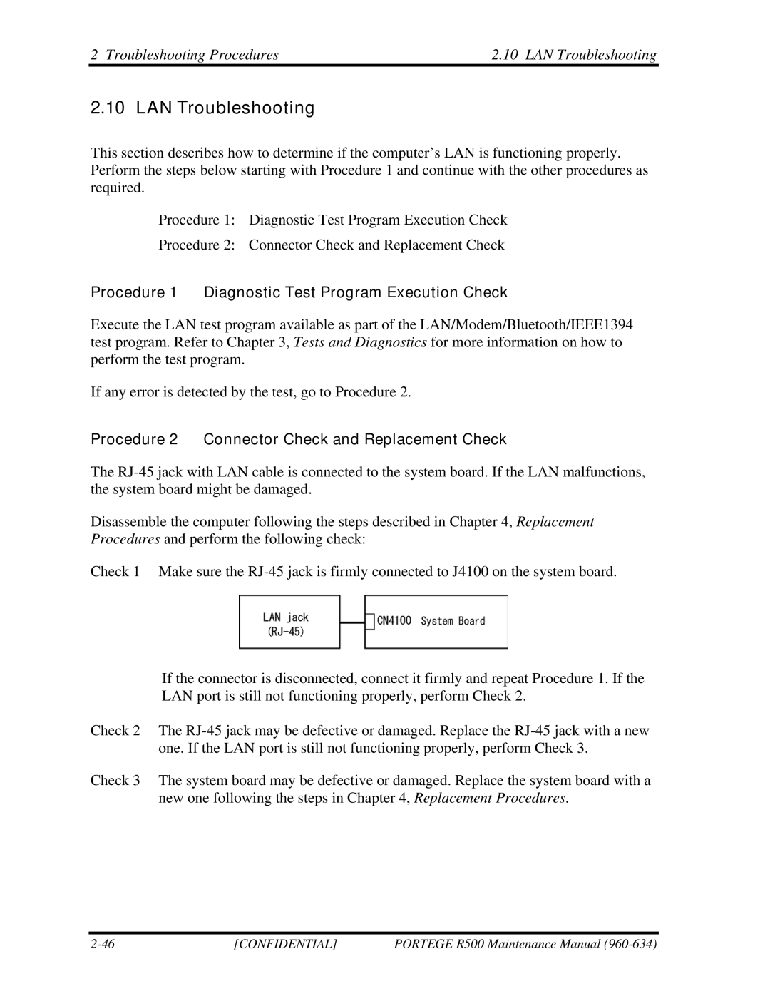 Toshiba r500 manual Troubleshooting Procedures LAN Troubleshooting 