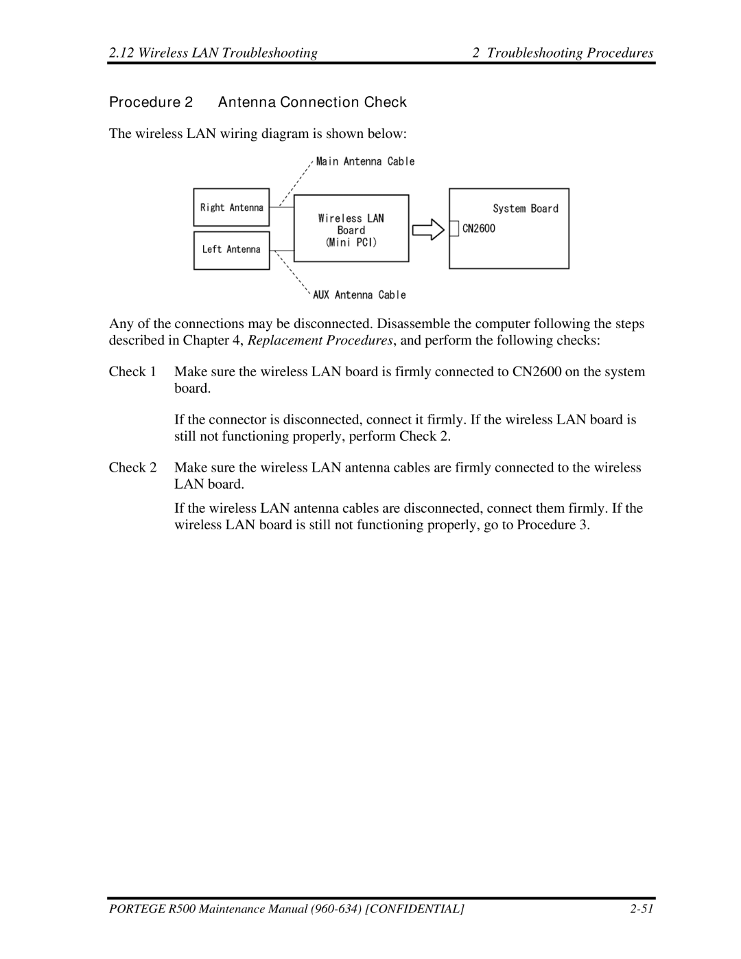 Toshiba r500 manual Wireless LAN Troubleshooting Troubleshooting Procedures, Procedure 2 Antenna Connection Check 