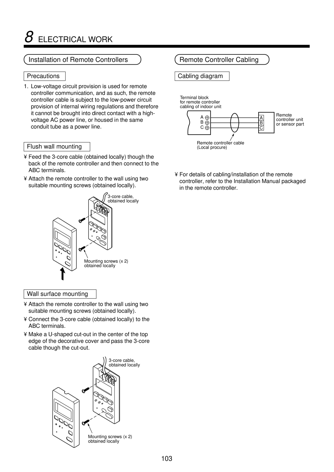 Toshiba RAM-SM800BT-E Installation of Remote Controllers, 103, Precautions, Flush wall mounting, Wall surface mounting 