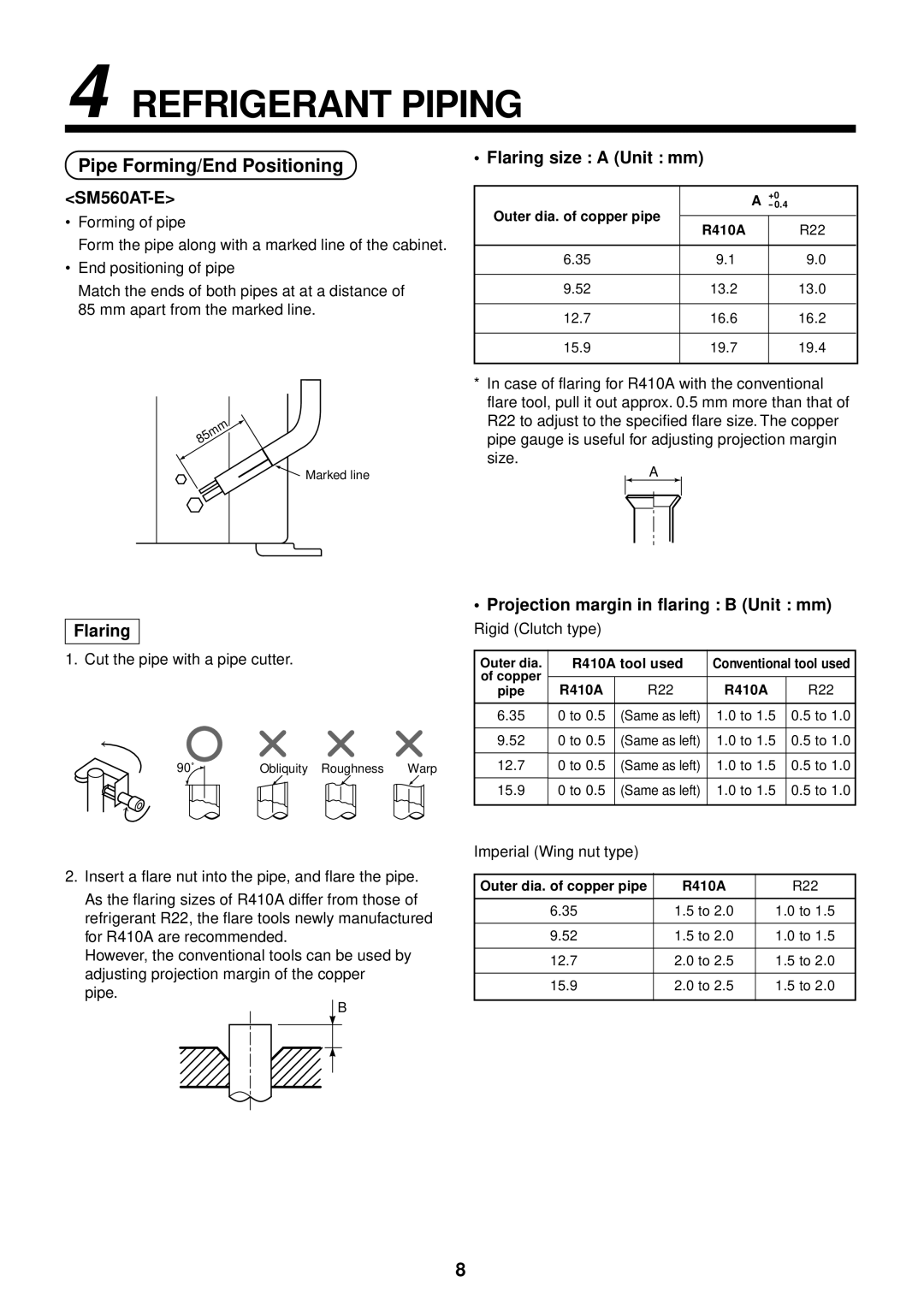 Toshiba RAM-SM560UT-E, RAM-SM800KRT-E Refrigerant Piping, Pipe Forming/End Positioning, Flaring size a Unit mm 