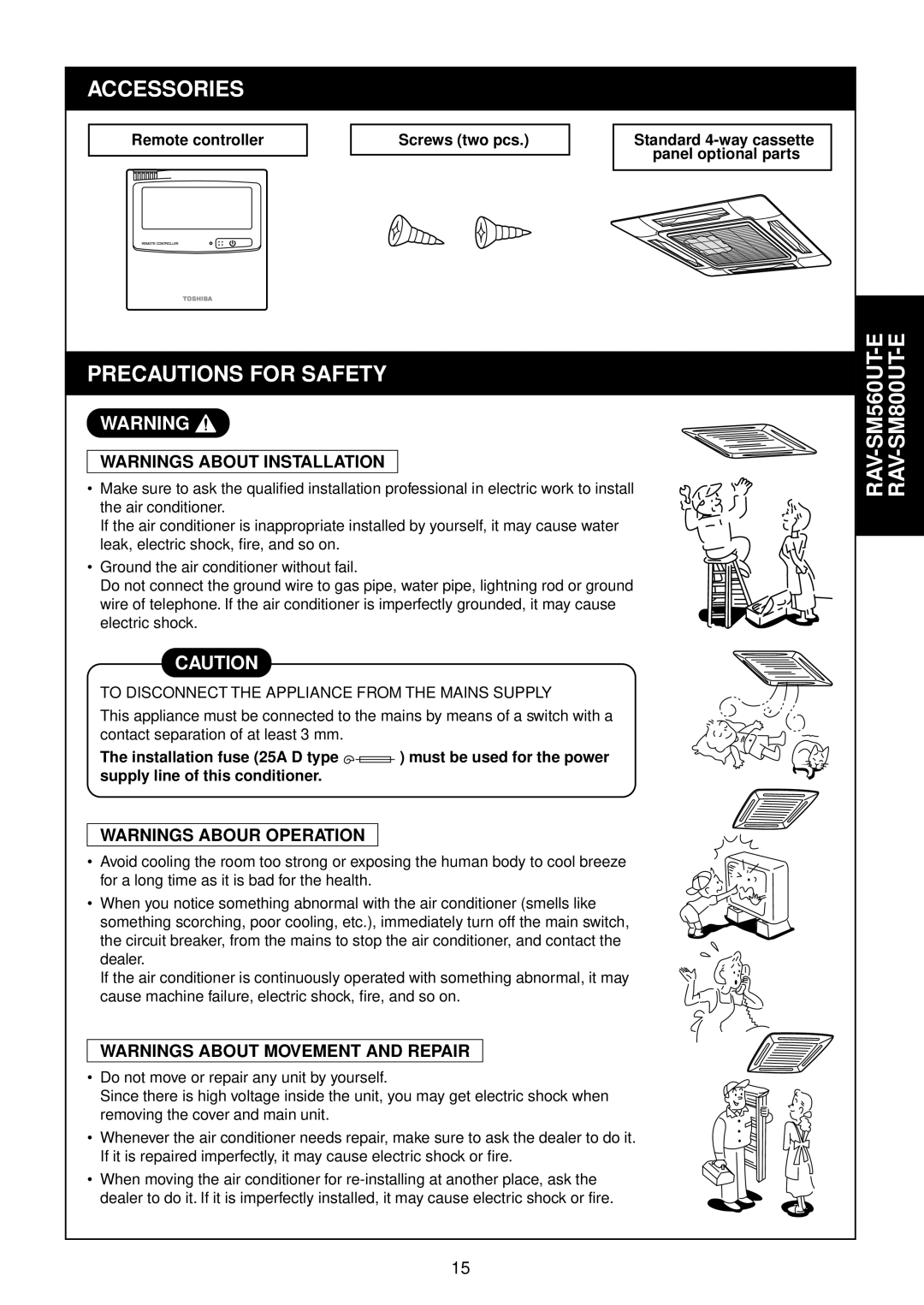 Toshiba RAM-SM800BT-E, RAM-SM800KRT-E, RAM-SM560AT-E Accessories, Precautions for Safety, Remote controller Screws two pcs 