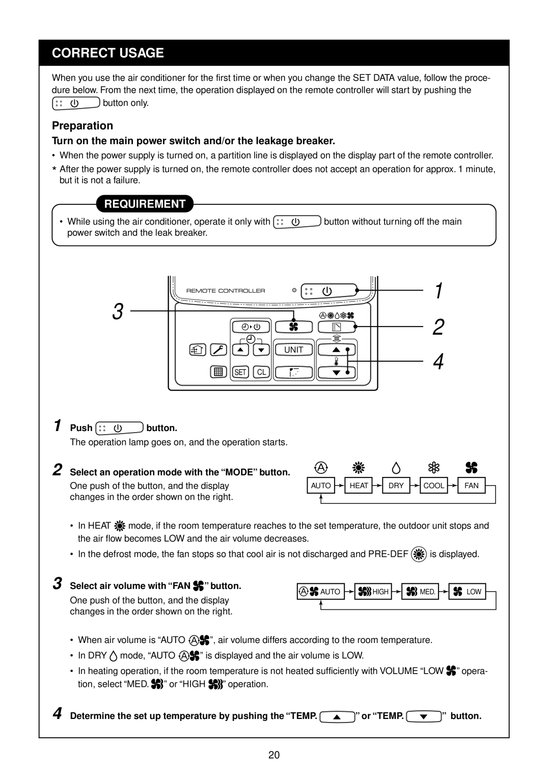 Toshiba RAM-SM560BT-E, RAM-SM800KRT-E Correct Usage, Preparation, Turn on the main power switch and/or the leakage breaker 