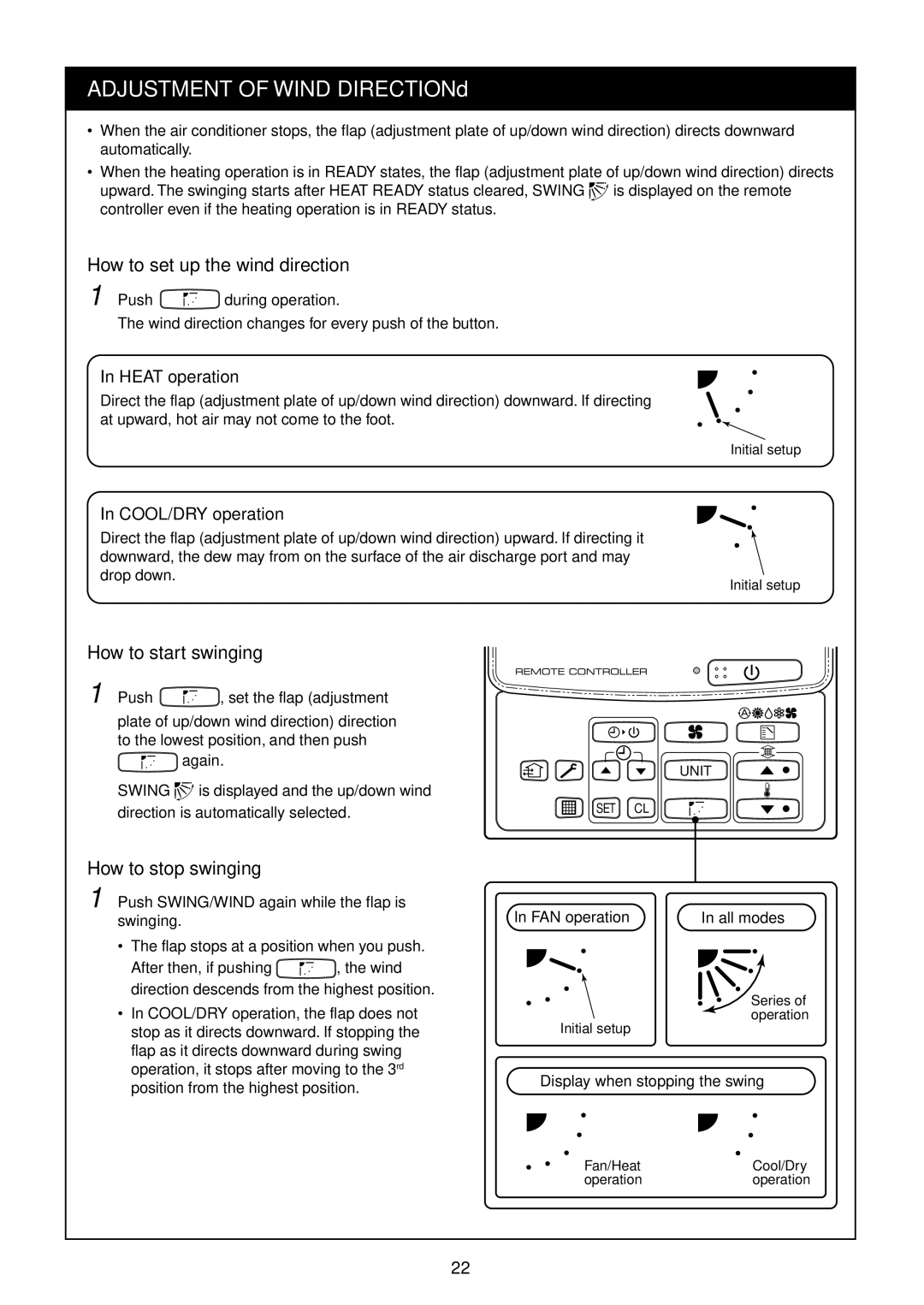 Toshiba RAM-SM560AT-E How to set up the wind direction, How to start swinging, How to stop swinging, Heat operation 