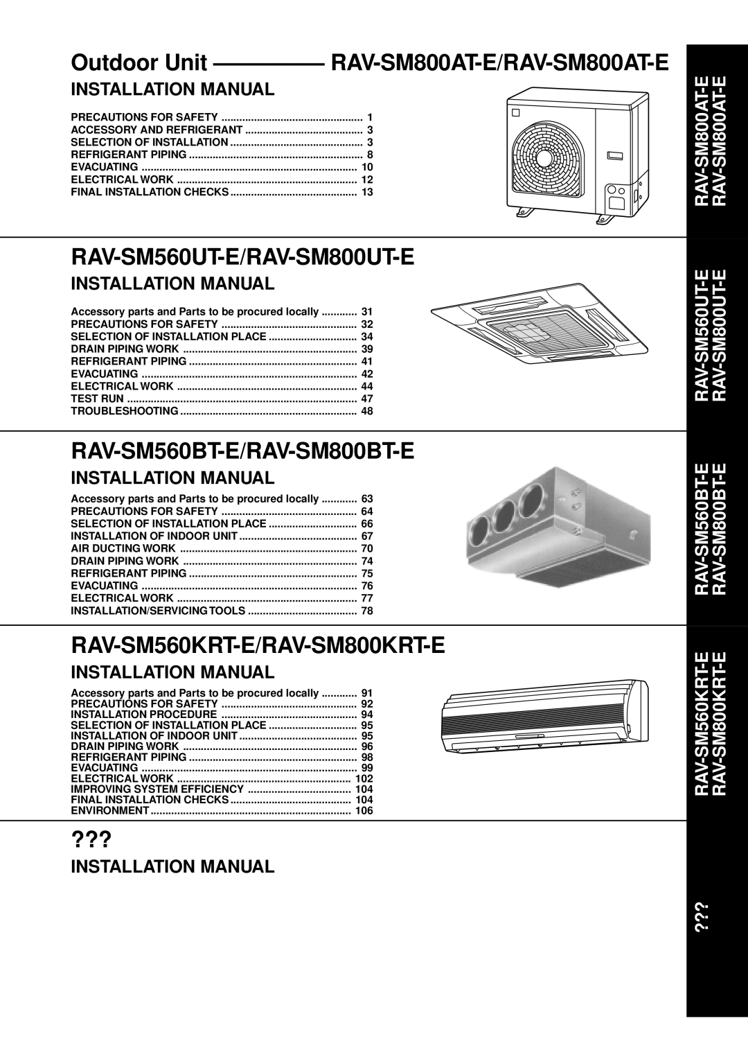 Toshiba RAM-SM560UT-E, RAM-SM800KRT-E service manual Outdoor Unit --------- RAV-SM800AT-E/RAV-SM800AT-E, Installation Manual 