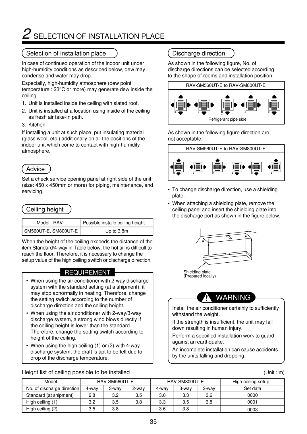 Toshiba RAM-SM560KRT-E Selection of Installation Place, Selection of installation place Discharge direction, Advice 