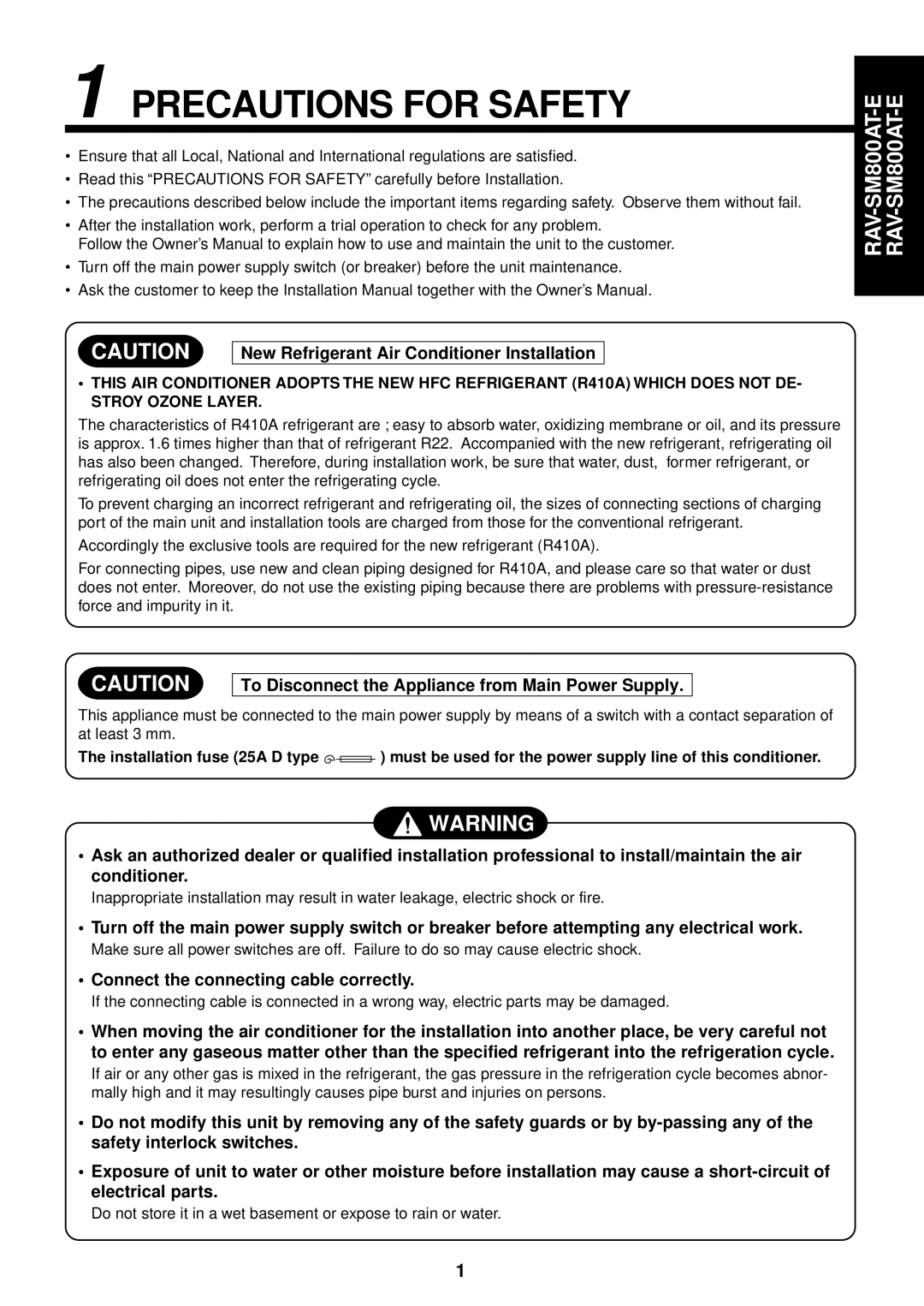 Toshiba RAM-SM800AT-E, RAM-SM800KRT-E, RAM-SM560AT-E Precautions for Safety, New Refrigerant Air Conditioner Installation 