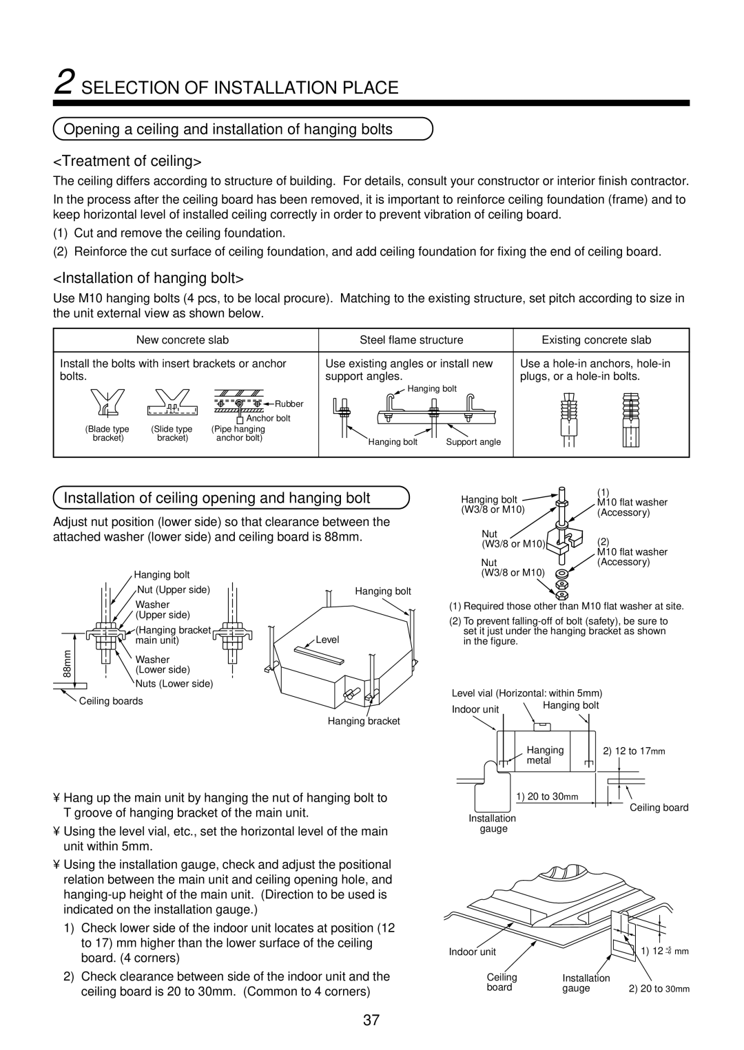 Toshiba RAM-SM800KRT-E, RAM-SM560AT-E Installation of hanging bolt, Installation of ceiling opening and hanging bolt 