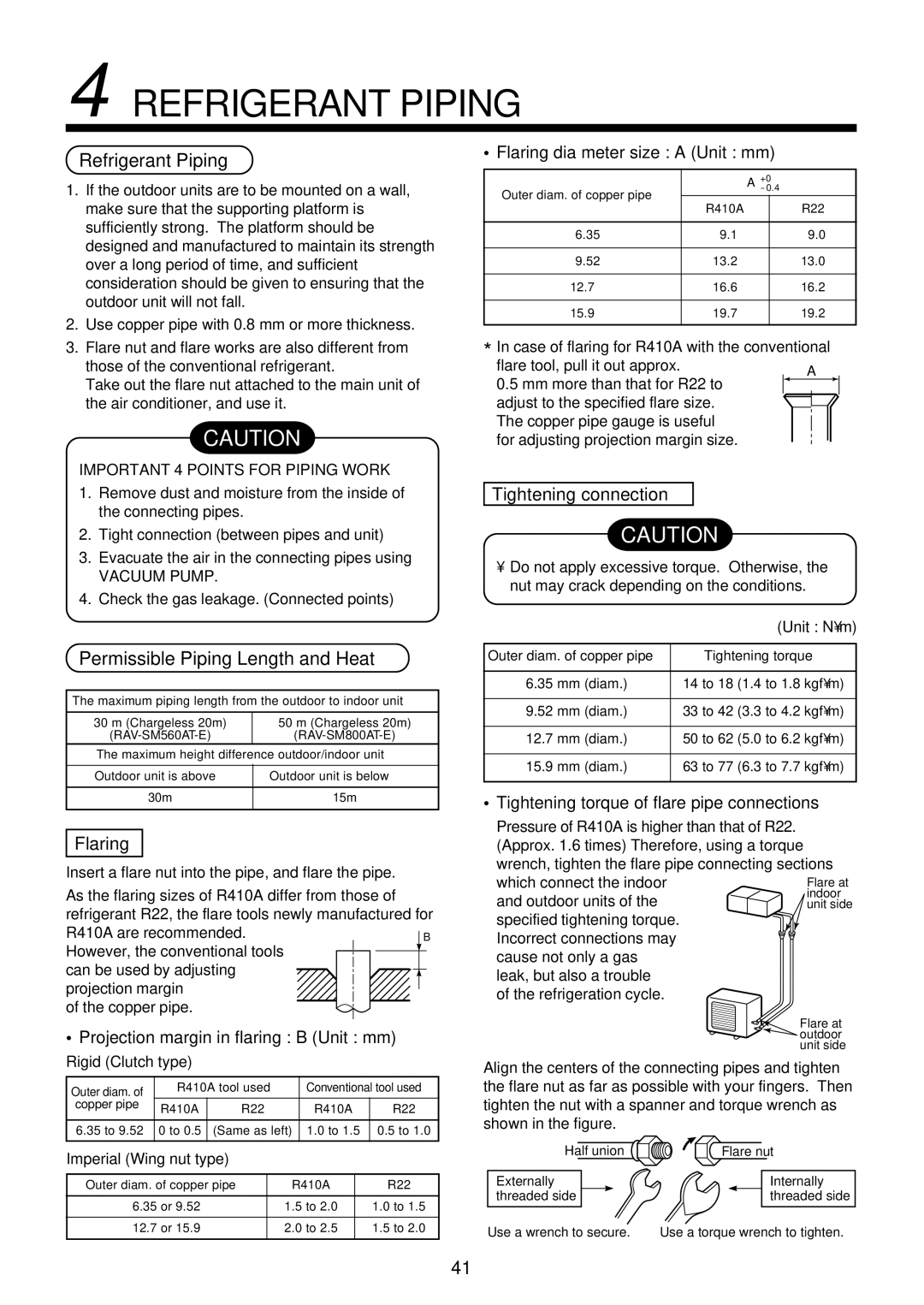 Toshiba RAM-SM800AT-E Permissible Piping Length and Heat, Flaring dia meter size a Unit mm, Tightening connection 