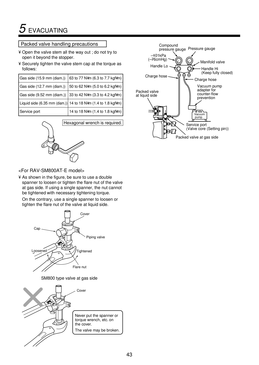 Toshiba RAM-SM560KRT-E Packed valve handling precautions, For RAV-SM800AT-E model, SM800 type valve at gas side 