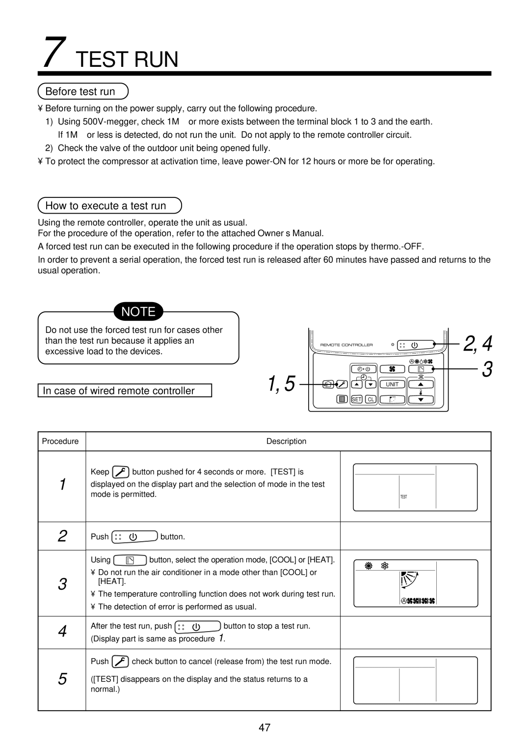 Toshiba RAM-SM800BT-E, RAM-SM560AT-E Test RUN, Before test run, How to execute a test run, Case of wired remote controller 