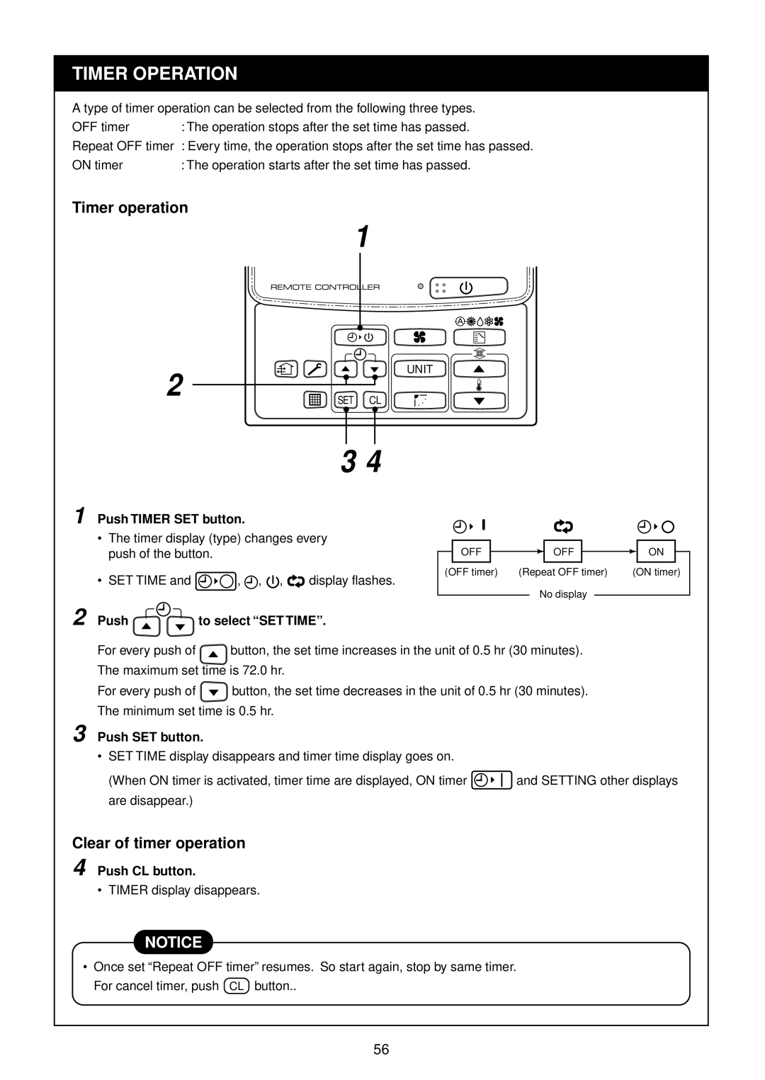 Toshiba RAM-SM560UT-E, RAM-SM800KRT-E, RAM-SM560AT-E, RAM-SM800BT-E, RAM-SM800AT-E Timer Operation, Clear of timer operation 