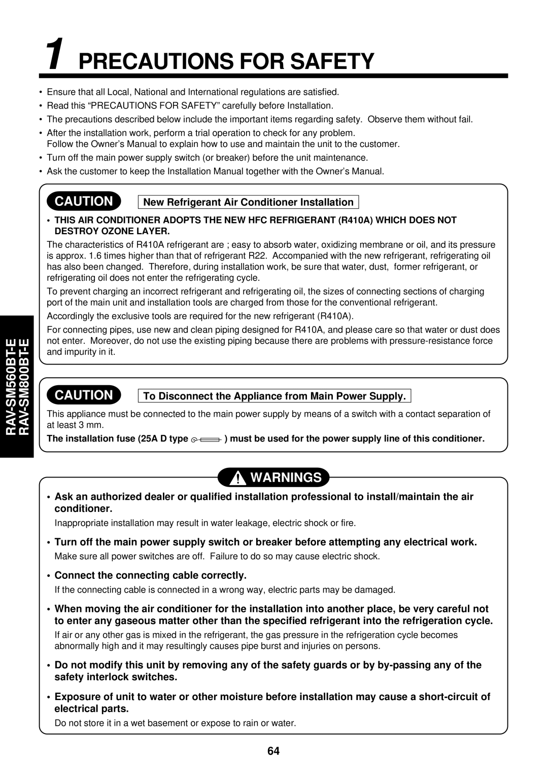 Toshiba RAM-SM560UT-E, RAM-SM800KRT-E, RAM-SM560AT-E, RAM-SM800BT-E, RAM-SM800AT-E, RAM-SM800UT-E Precautions for Safety 