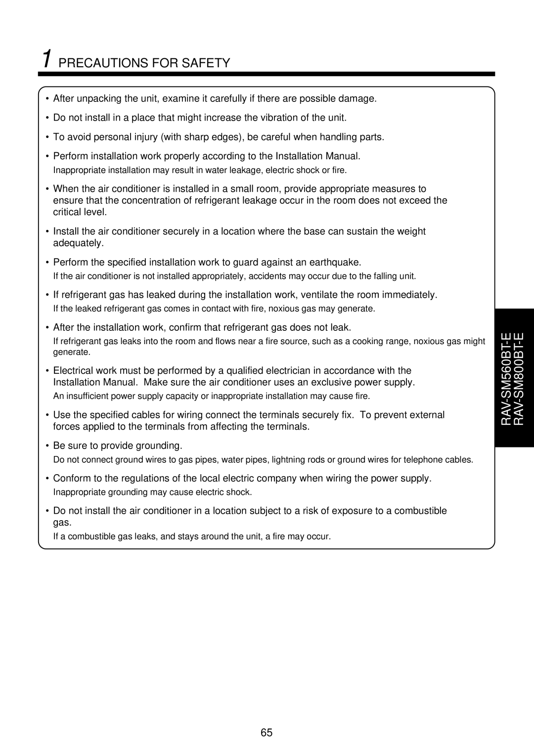 Toshiba RAM-SM800AT-E, RAM-SM800KRT-E, RAM-SM560AT-E, RAM-SM800BT-E, RAM-SM560UT-E, RAM-SM800UT-E Precautions for Safety 