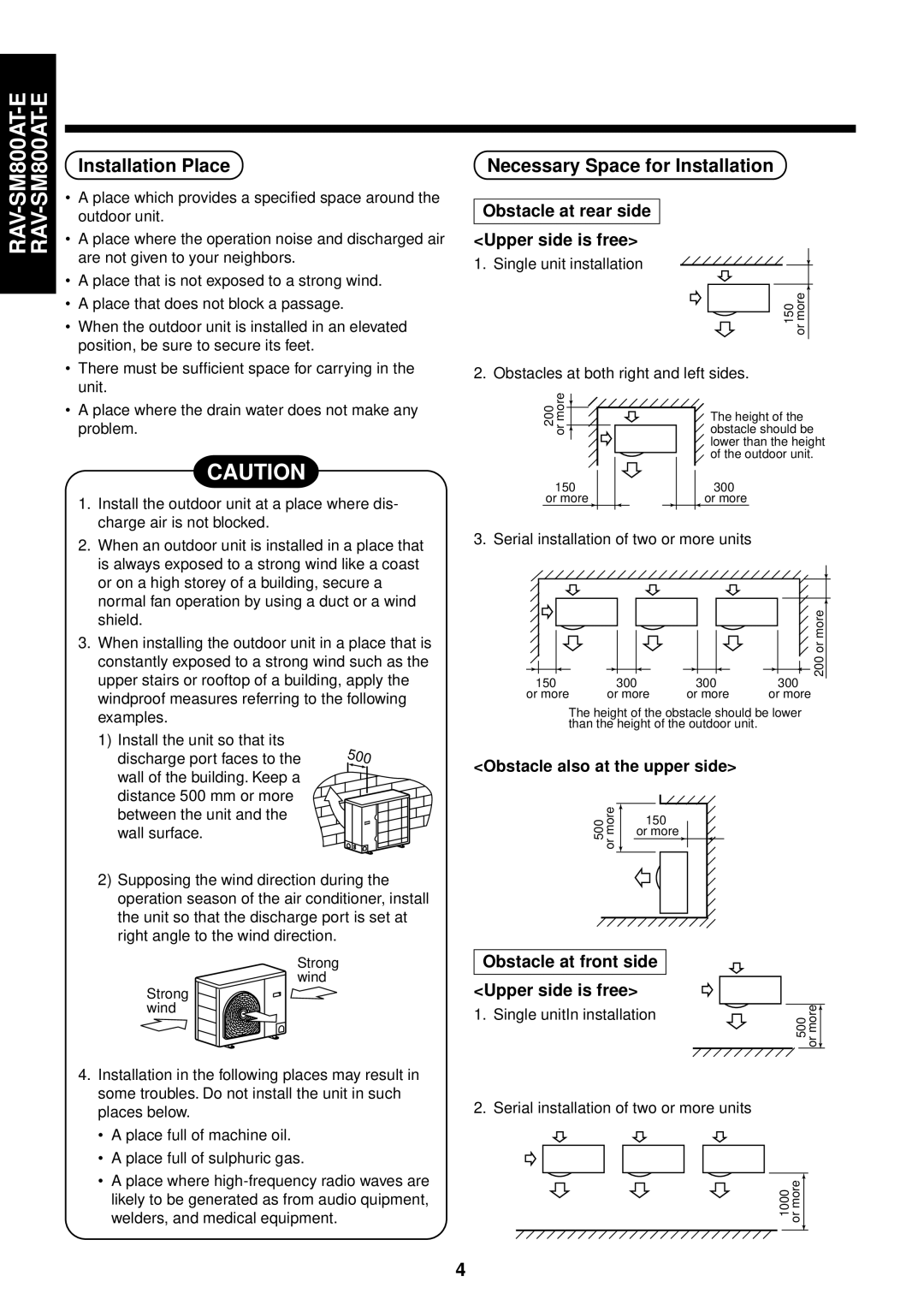 Toshiba RAM-SM560BT-E Installation Place, Necessary Space for Installation, Obstacle at rear side Upper side is free 