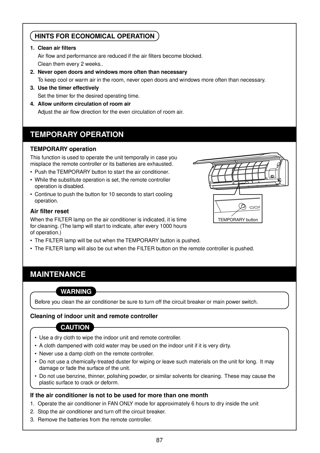 Toshiba RAM-SM800BT-E, RAM-SM800KRT-E, RAM-SM560AT-E Temporary Operation, Temporary operation, Air filter reset 