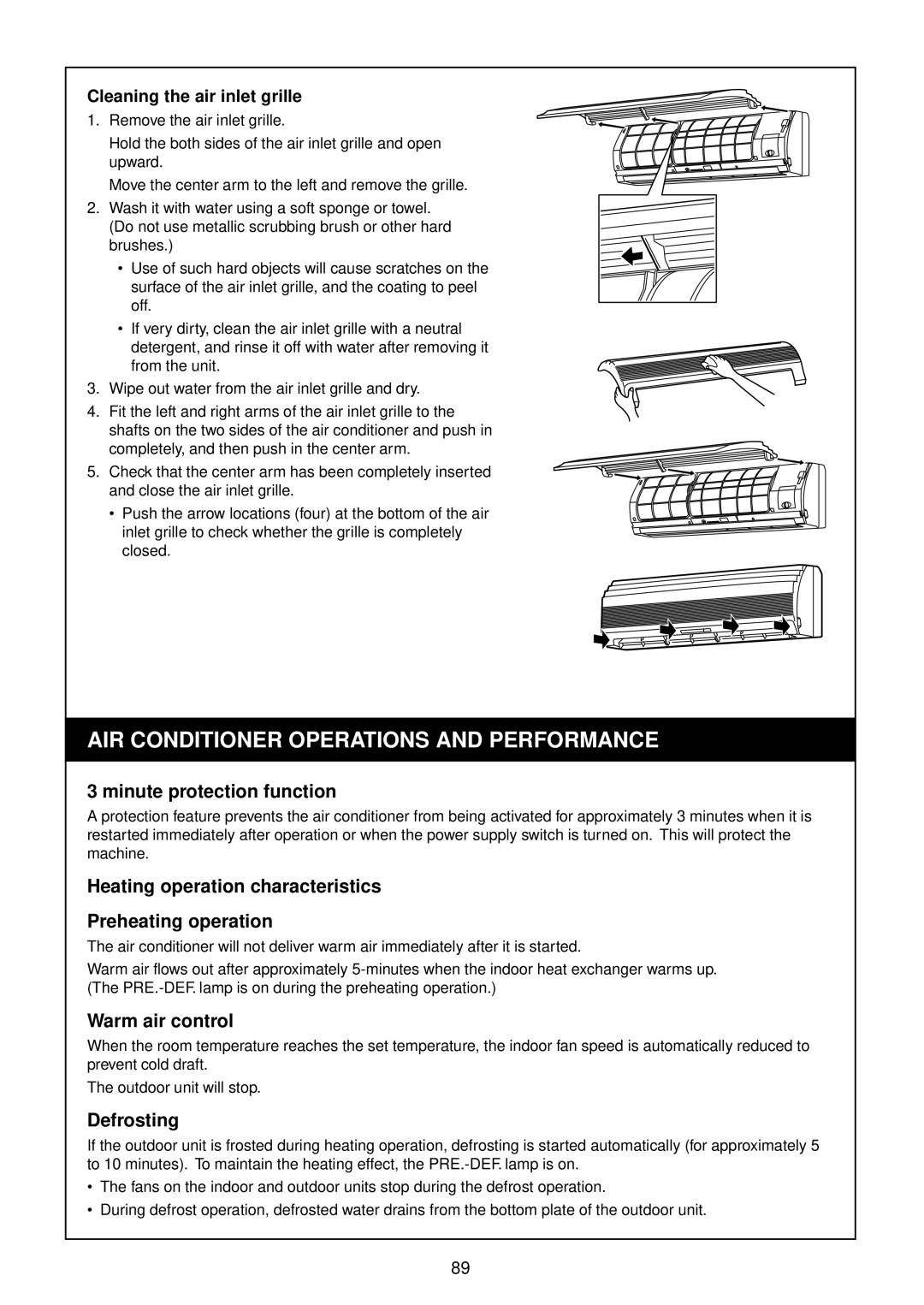 Toshiba RAM-SM800AT-E Minute protection function, Heating operation characteristics Preheating operation, Warm air control 