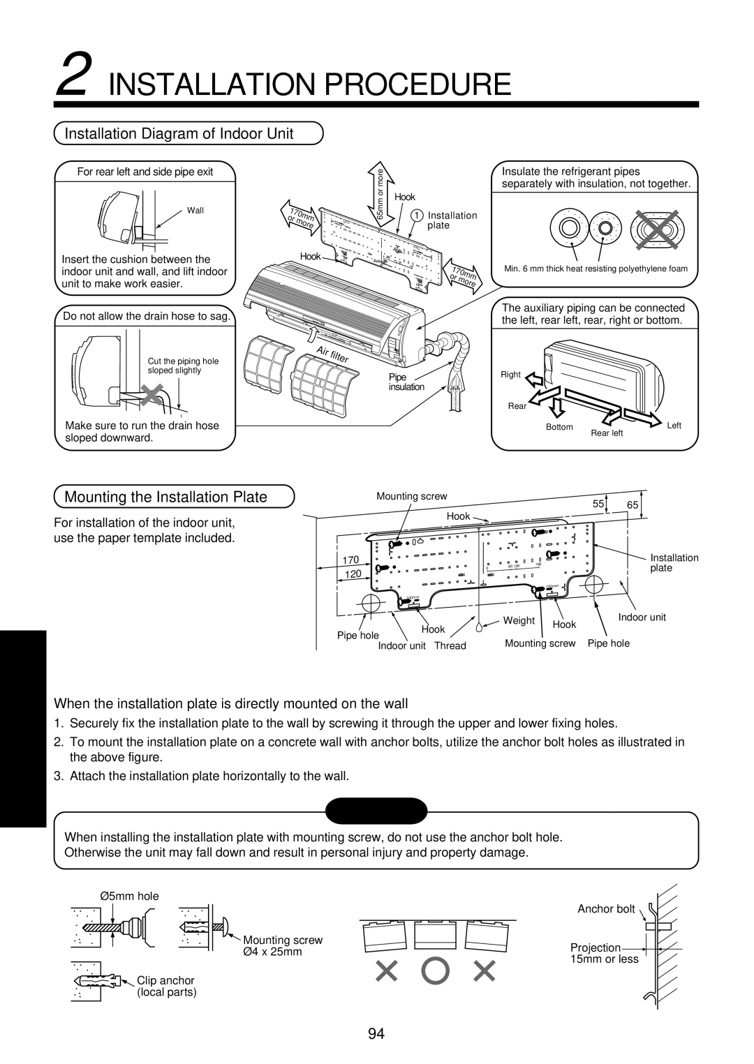 Toshiba RAM-SM560AT-E Installation Procedure, Installation Diagram of Indoor Unit, Mounting the Installation Plate 