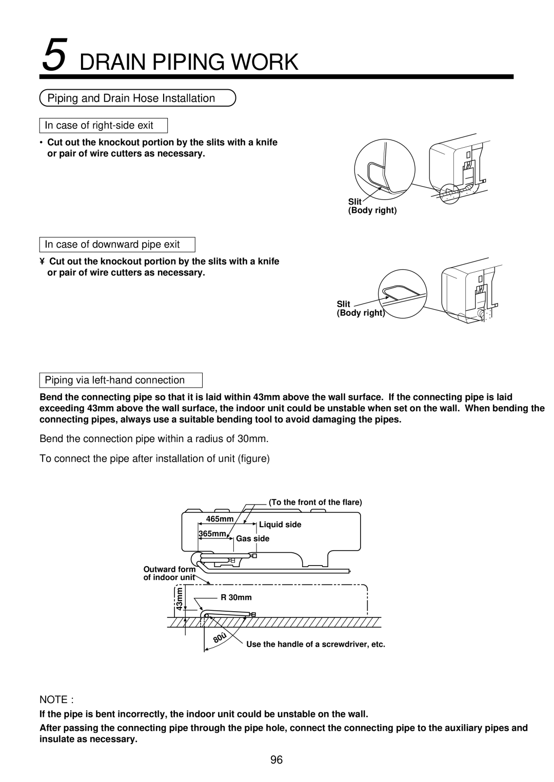 Toshiba RAM-SM560UT-E Piping and Drain Hose Installation, Case of right-side exit, Case of downward pipe exit 