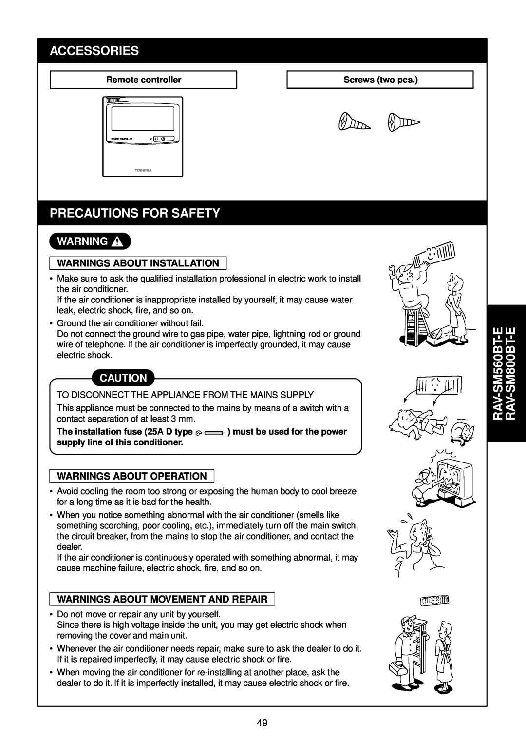 Toshiba RAM-SM800AT-E RAV-SM560BT-E RAV-SM800BT-E, Warnings About Operation, Accessories, Precautions For Safety 