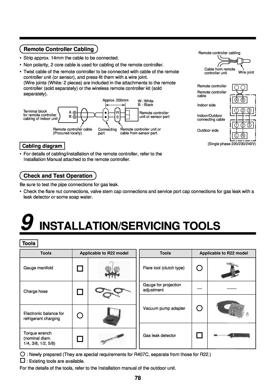 Toshiba RAM-SM560AT-E Installation/Servicing Tools, Remote Controller Cabling, Check and Test Operation, Cabling diagram 