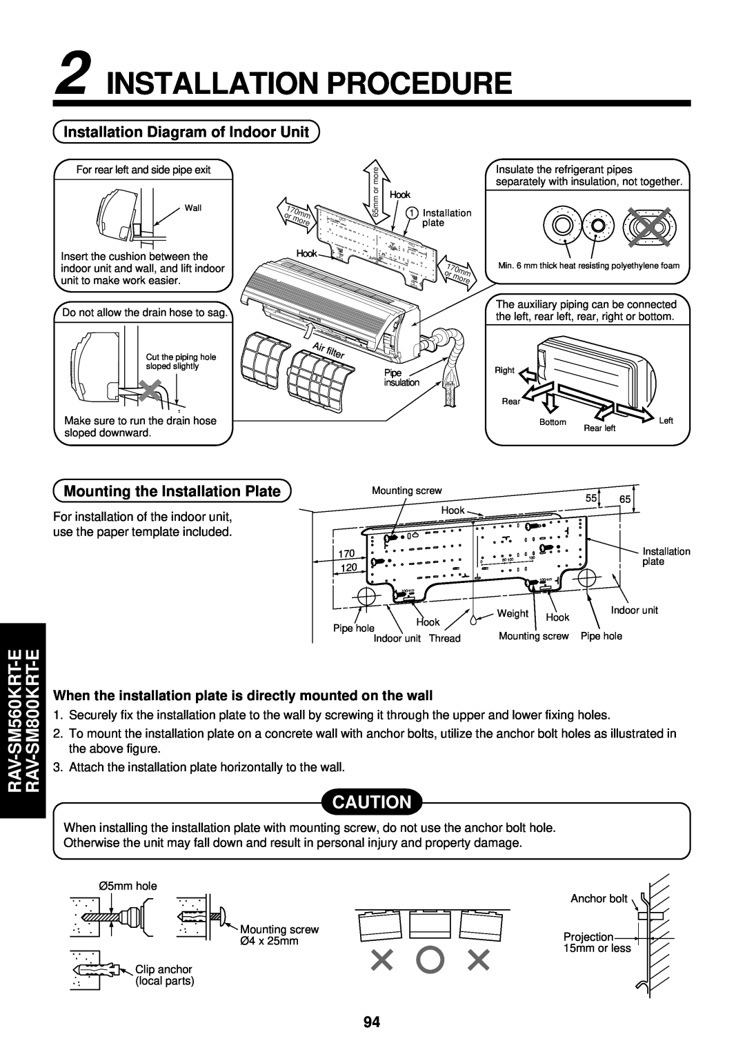 Toshiba RAM-SM560AT-E Installation Procedure, RAV-SM560KRT-E RAV-SM800KRT-E, Installation Diagram of Indoor Unit 