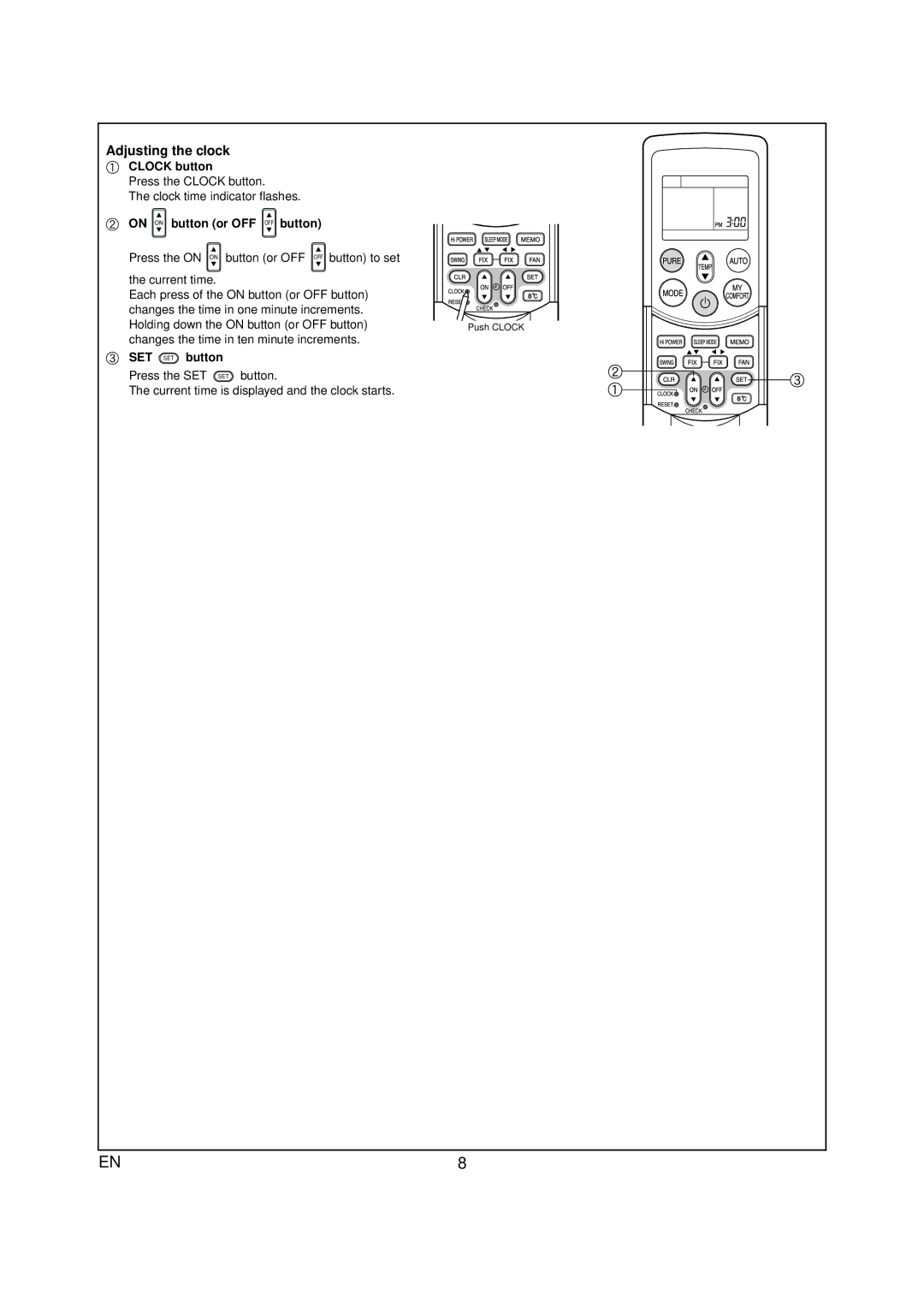 Toshiba RAS-07PKVP-E owner manual Adjusting the clock, Clock button 